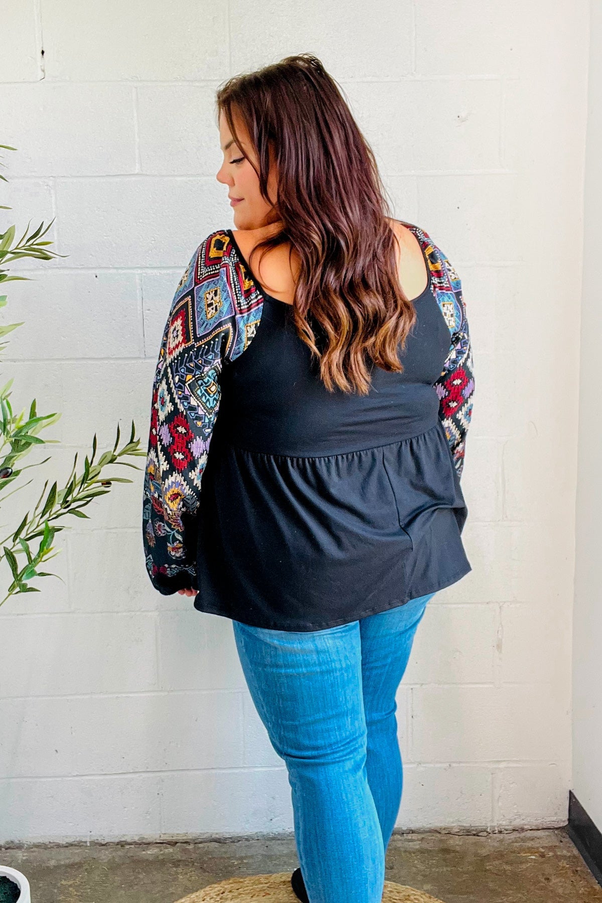 Charming Black Square Neck Border Print Bubble Sleeve Top - Charming Charlie
