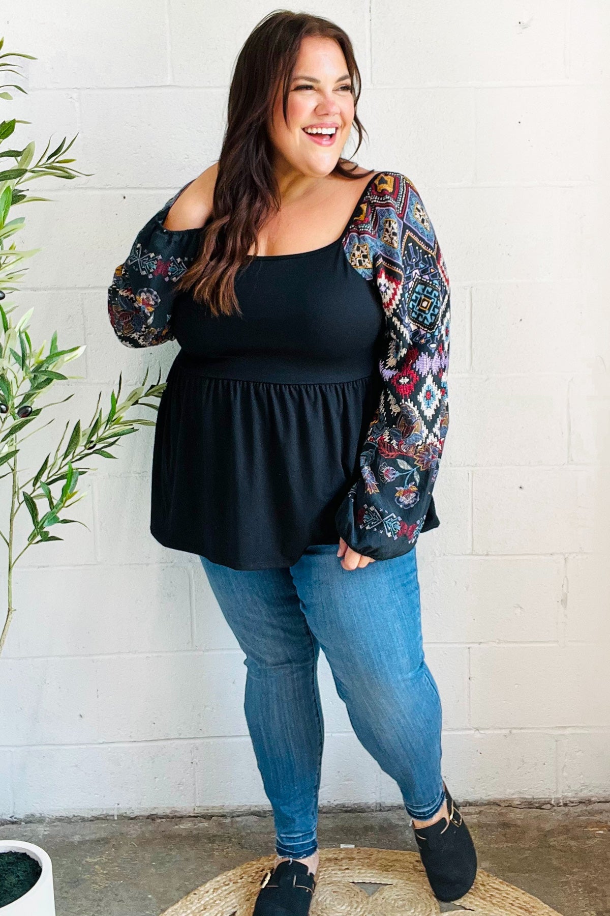 Charming Black Square Neck Border Print Bubble Sleeve Top - Charming Charlie