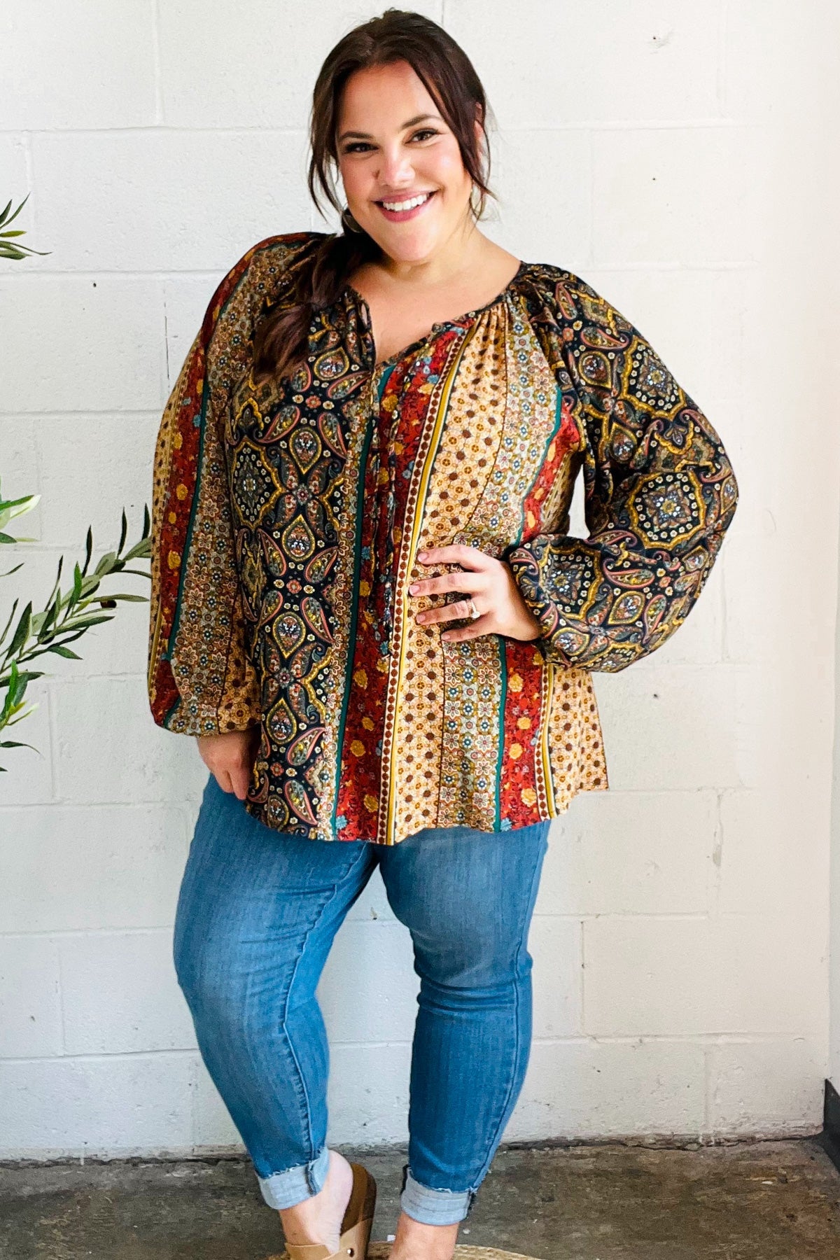 Weekend Ready Black & Rust Paisley Raglan Keyhole Tie Top - Charming Charlie
