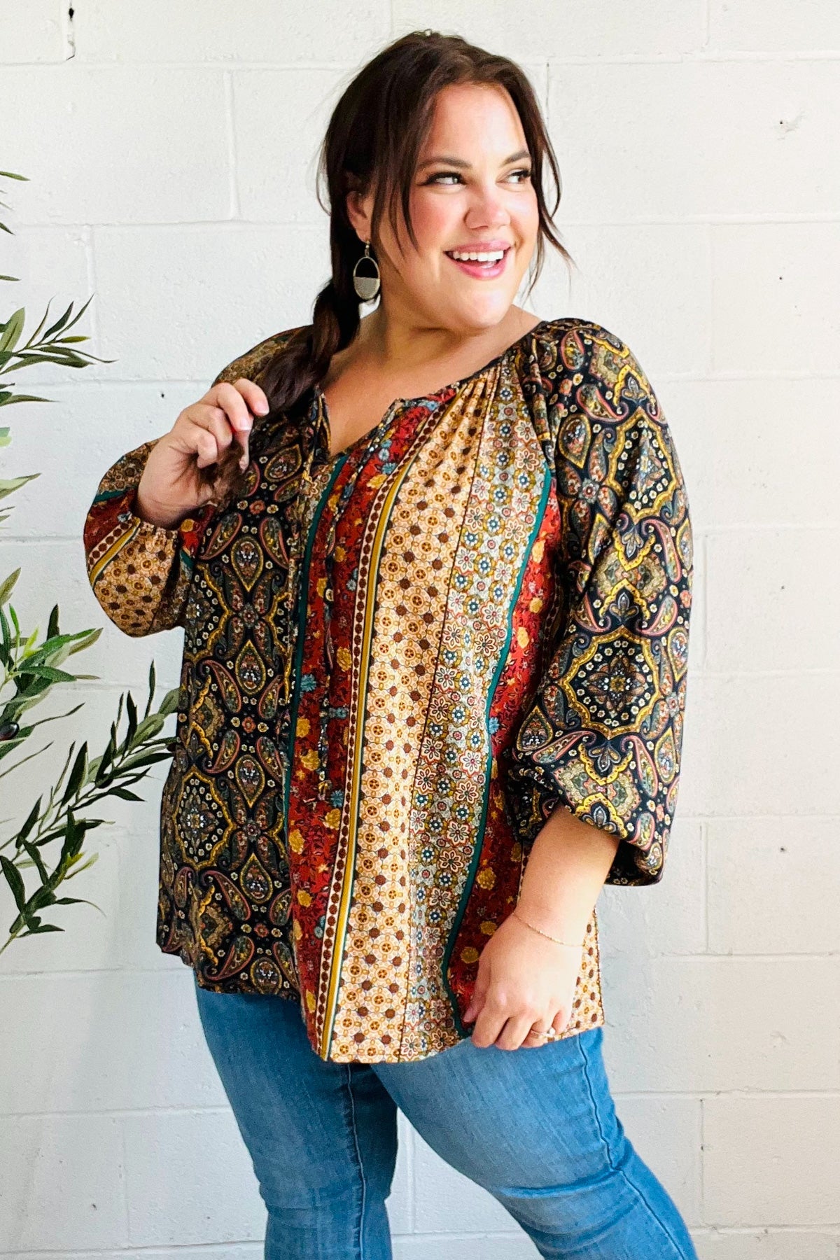 Weekend Ready Black & Rust Paisley Raglan Keyhole Tie Top - Charming Charlie