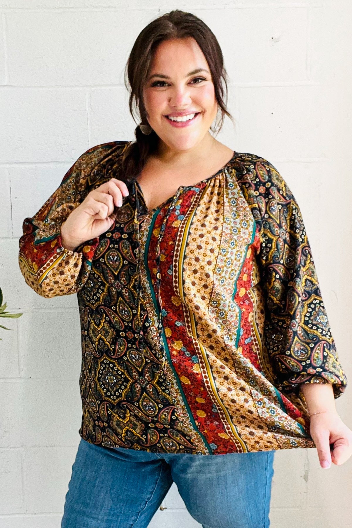 Weekend Ready Black & Rust Paisley Raglan Keyhole Tie Top - Charming Charlie
