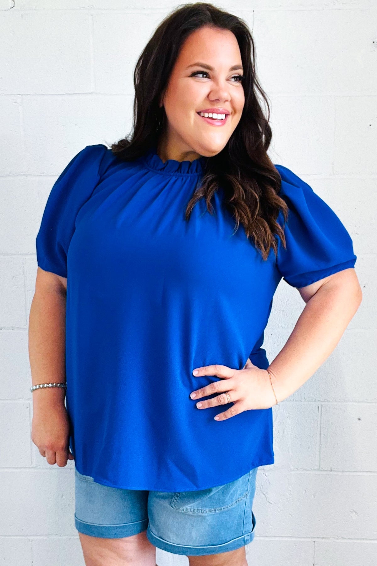 Lovely In Holiday Blue Frill Mock Neck Woven Top - Charming Charlie