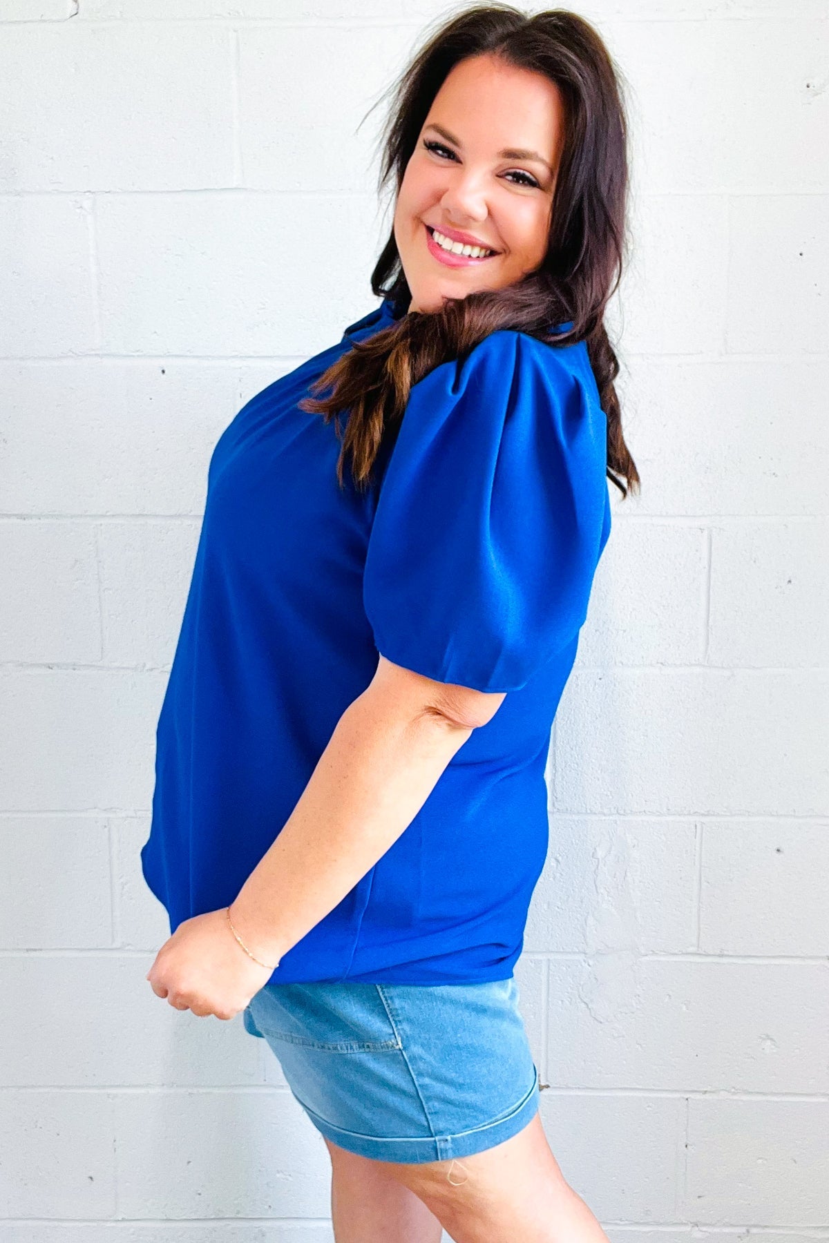 Lovely In Holiday Blue Frill Mock Neck Woven Top - Charming Charlie