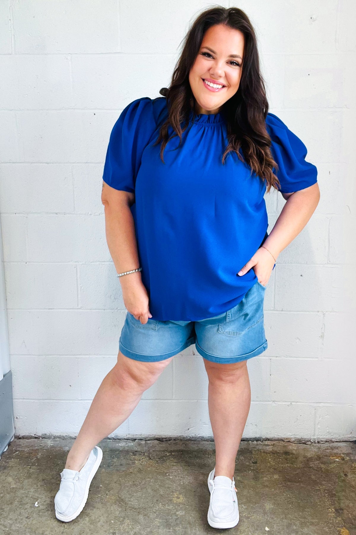 Lovely In Holiday Blue Frill Mock Neck Woven Top - Charming Charlie