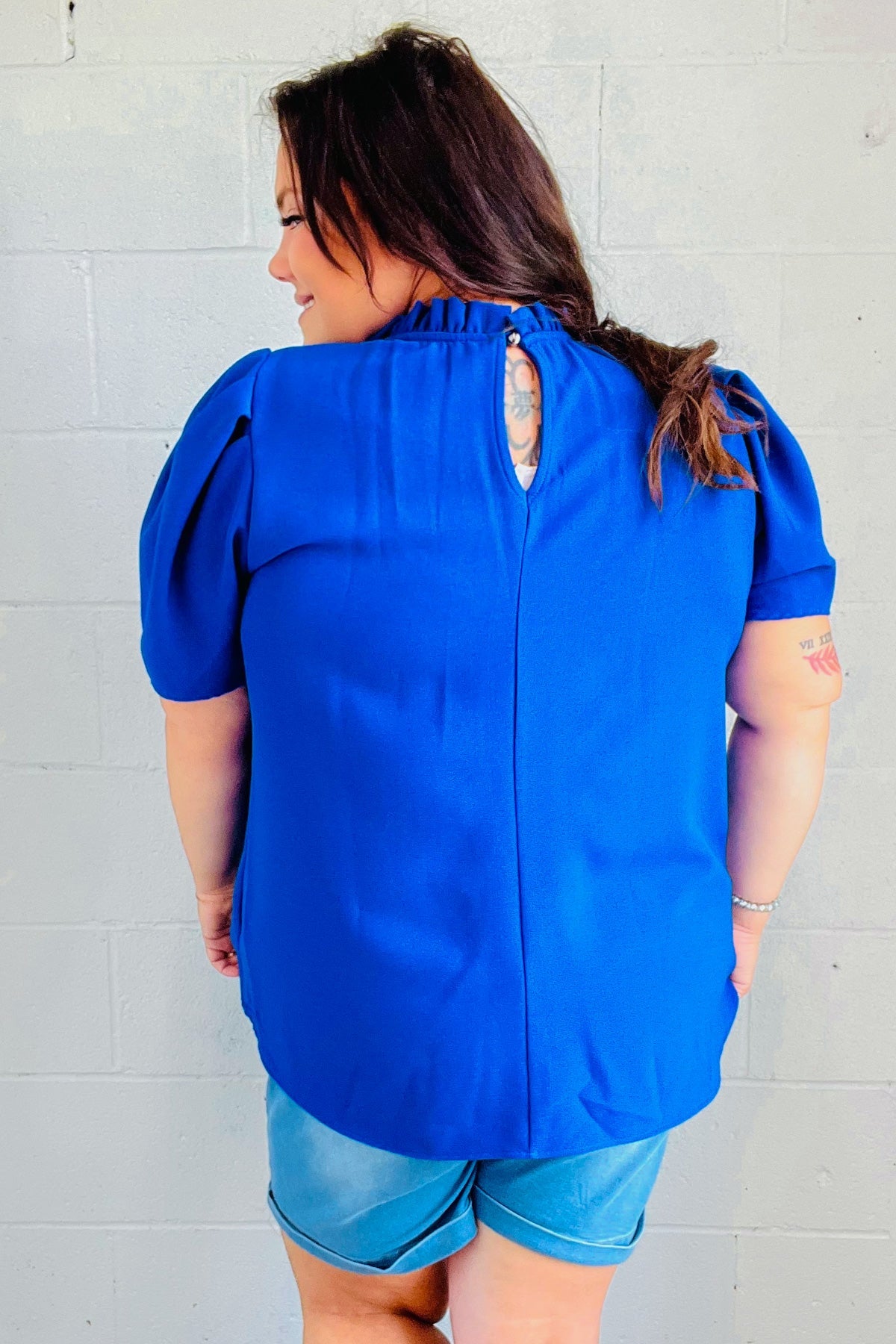 Lovely In Holiday Blue Frill Mock Neck Woven Top - Charming Charlie
