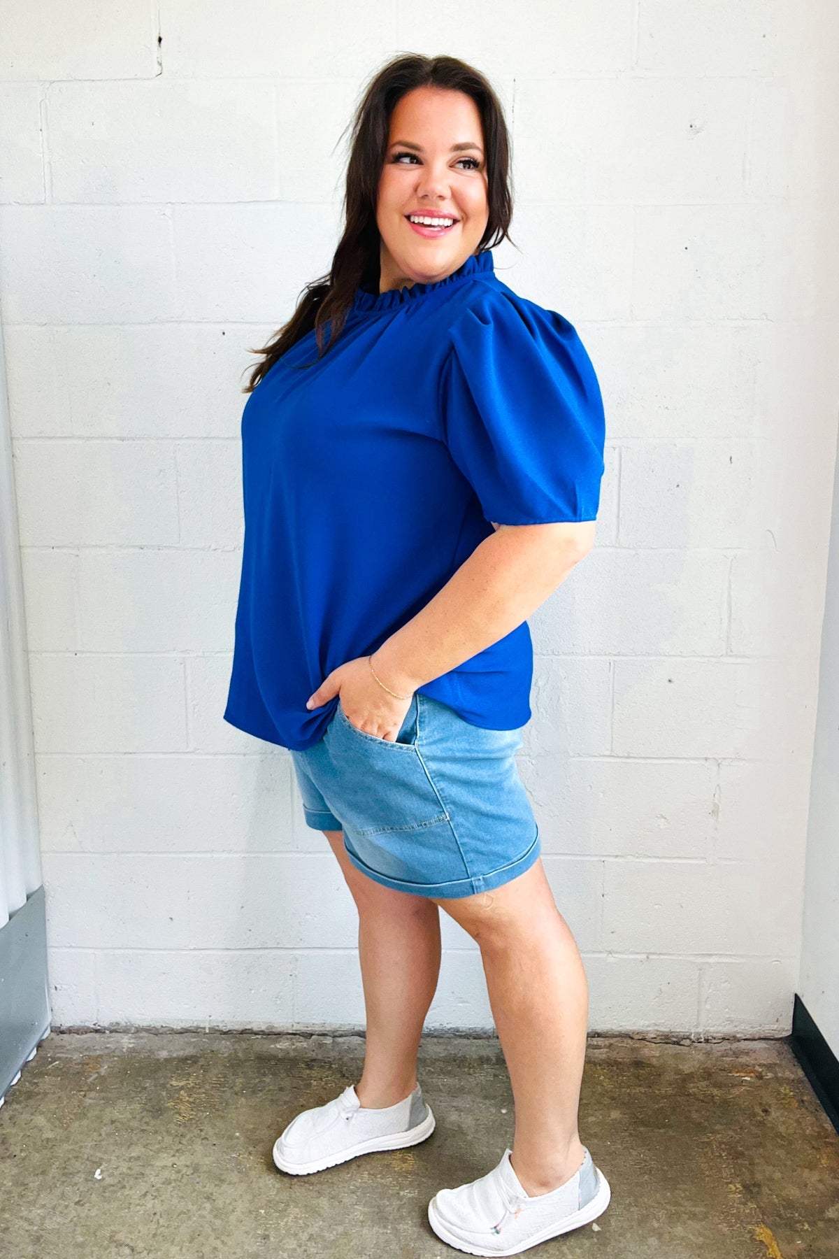 Lovely In Holiday Blue Frill Mock Neck Woven Top - Charming Charlie