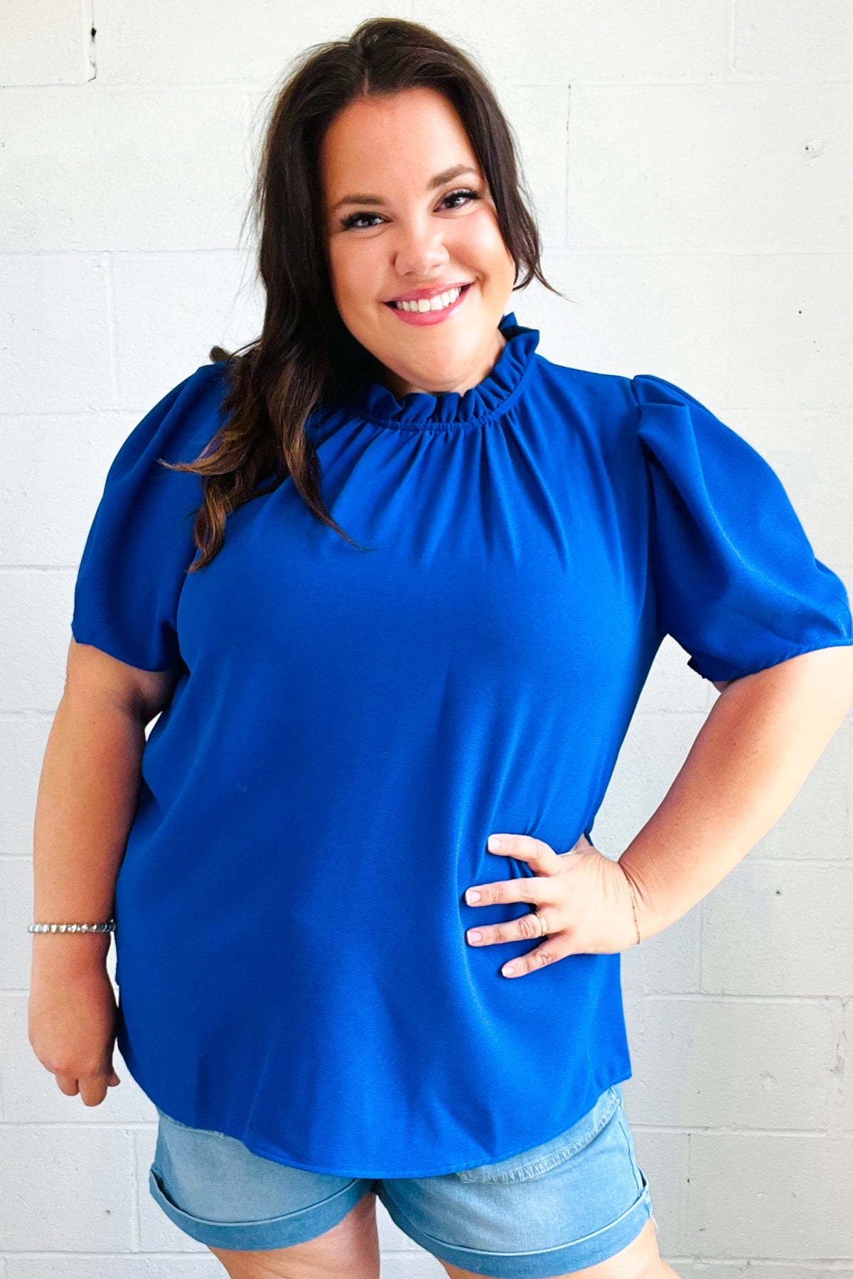Lovely In Holiday Blue Frill Mock Neck Woven Top - Charming Charlie