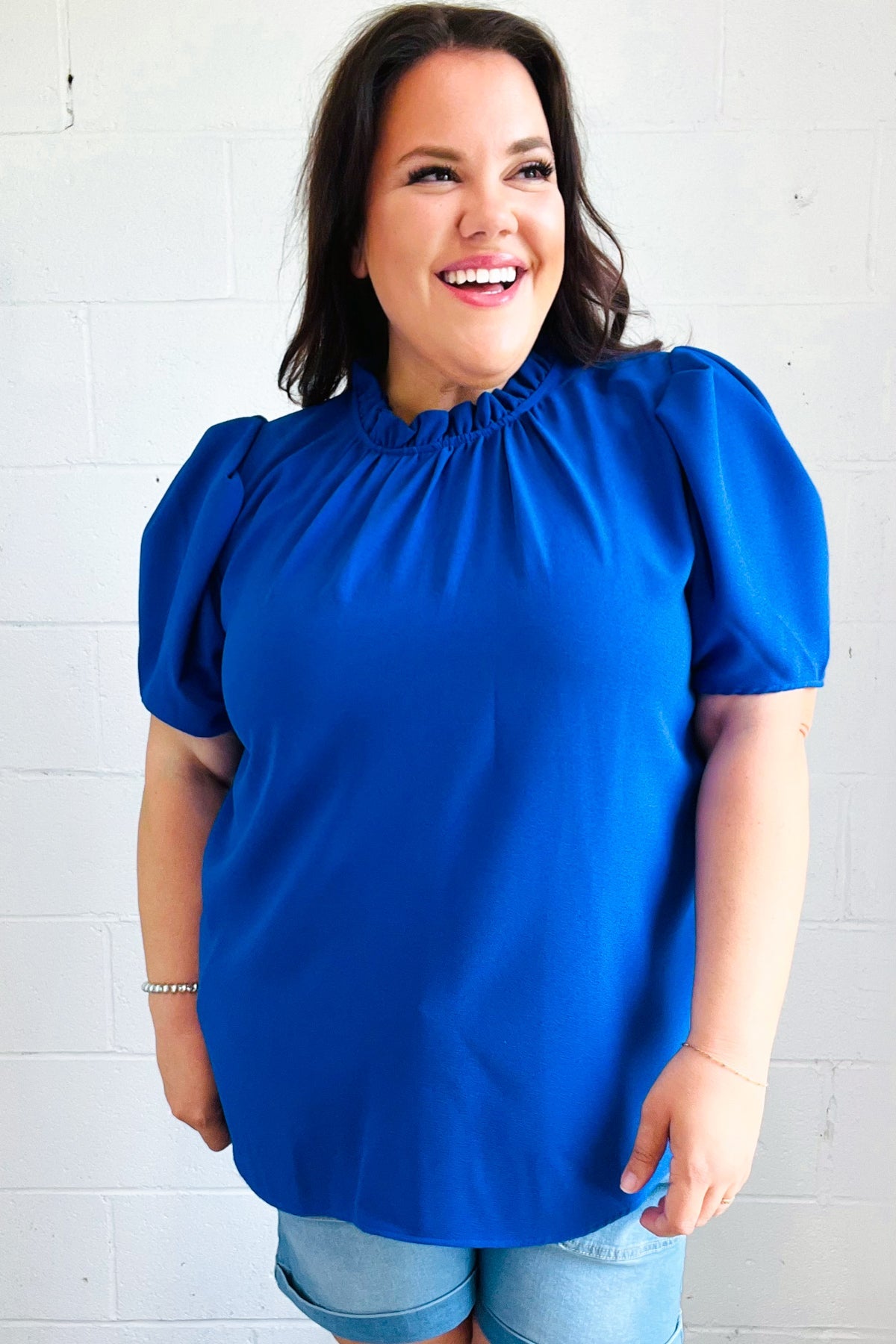 Lovely In Holiday Blue Frill Mock Neck Woven Top - Charming Charlie
