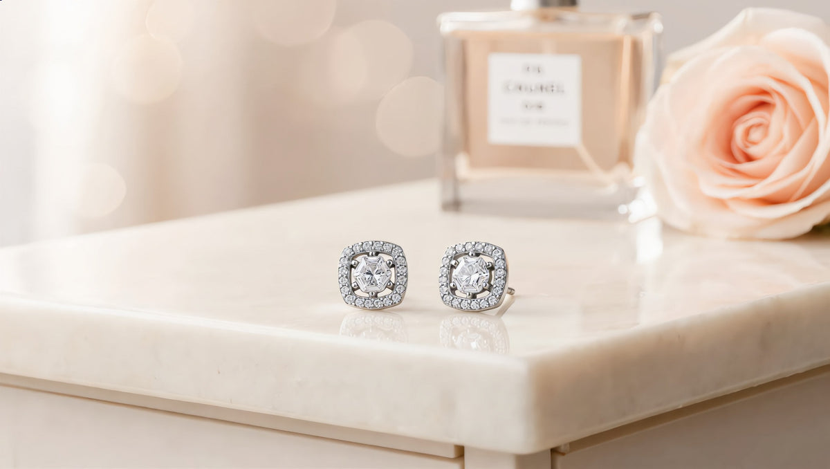 GL Creations- Sterling Silver Cushion Halo CZ Stud Earring - Charming Charlie