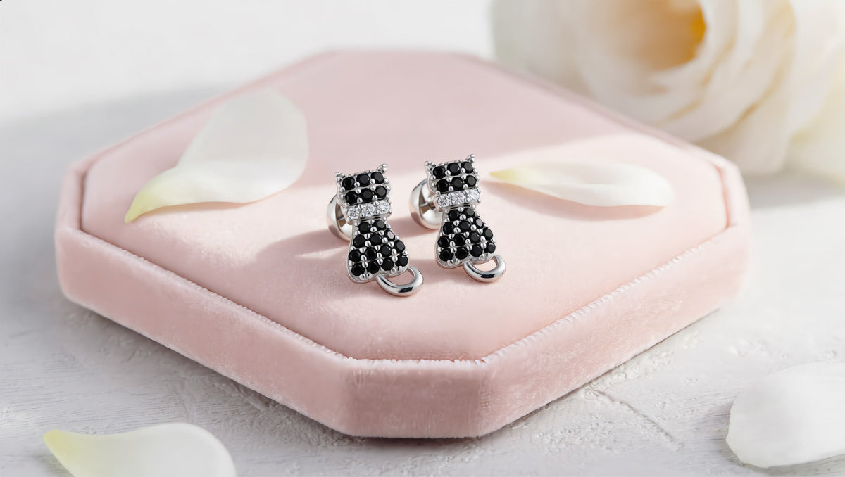 GL Creations- Sterling Silver Cat Earring Black CZ - Charming Charlie