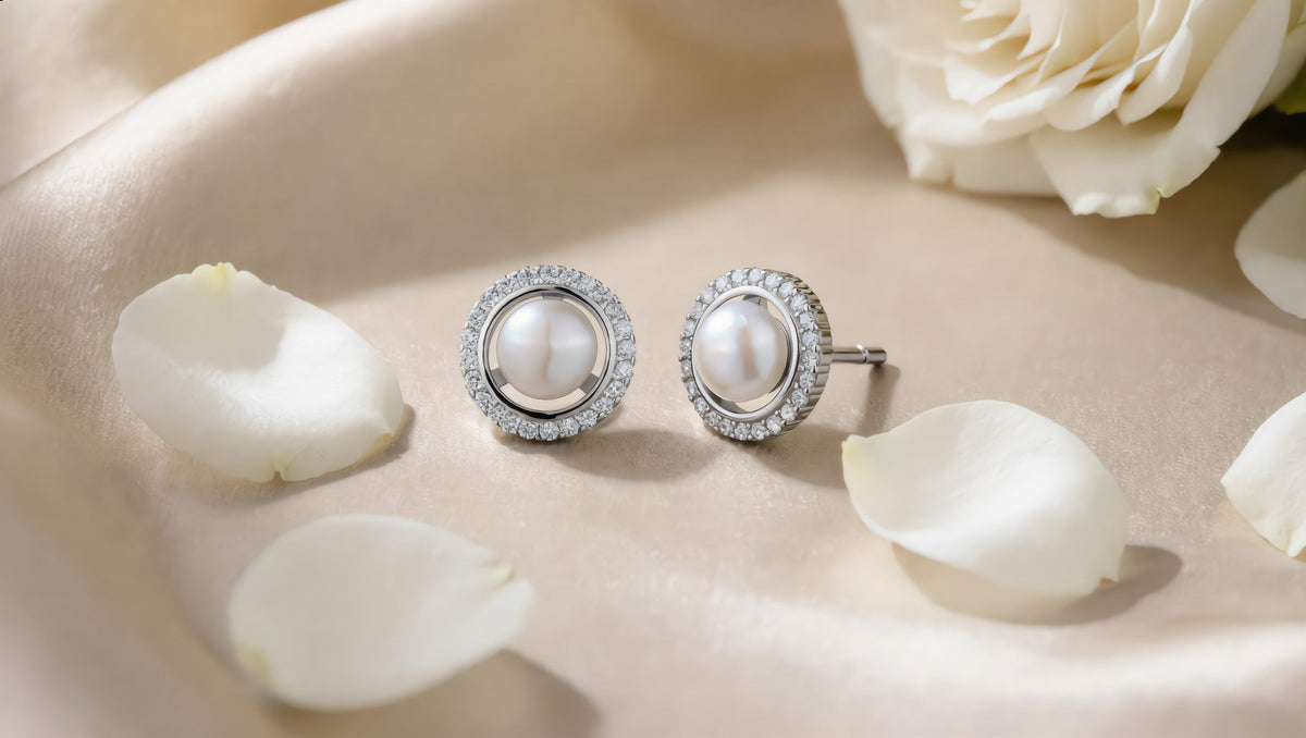 GL Creations- Sterling Silver Pearl CZ Halo Stud Earrings - Charming Charlie