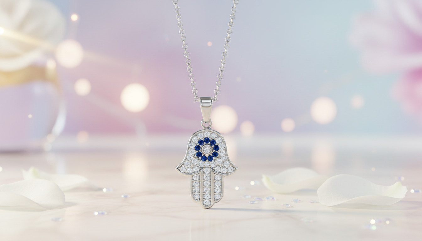 GL Creations-Sterling Silver CZ Hamsa/ Evil Eye Pendant 16+2" Chain - Charming Charlie