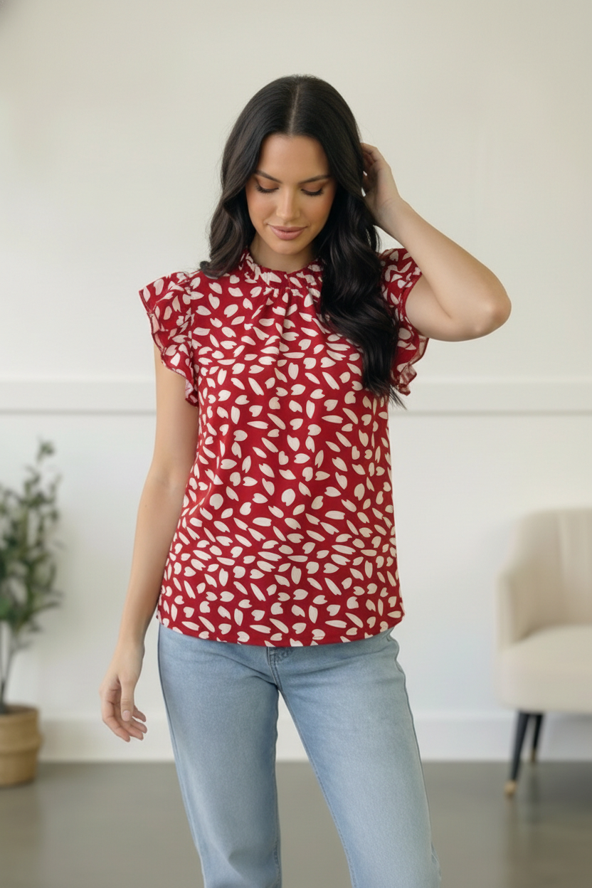 Ruby Breeze Abstract Ruffle Top - Charming Charlie