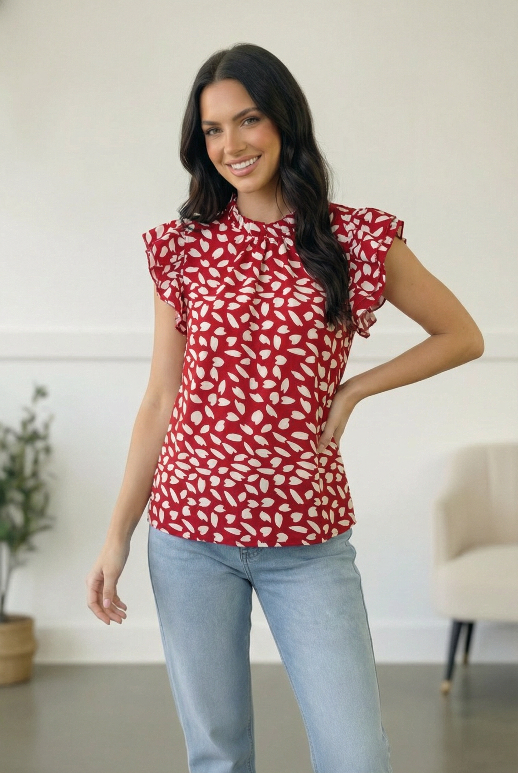 Ruby Breeze Abstract Ruffle Top - Charming Charlie