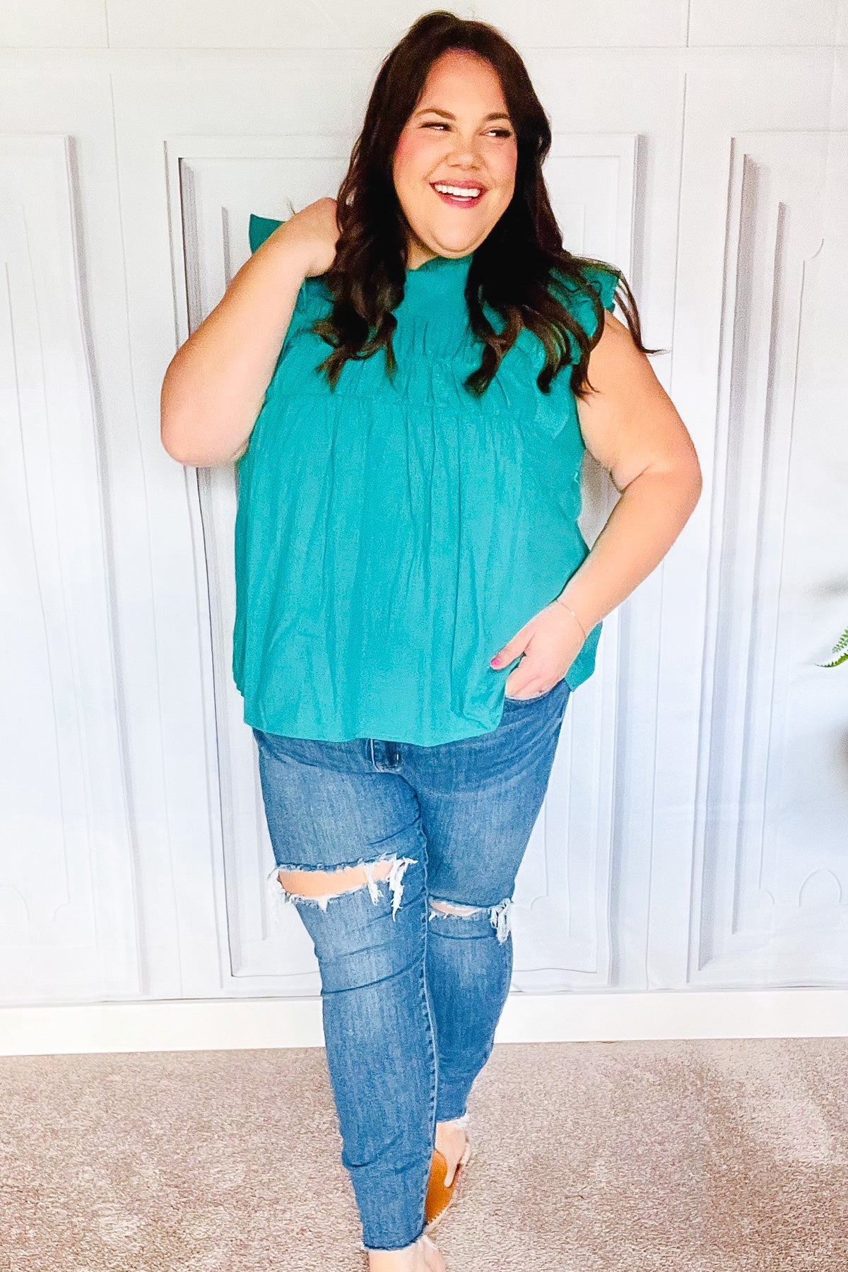 Love Life Cotton Turquoise Frill Mock Neck Flutter Sleeve Top - Charming Charlie