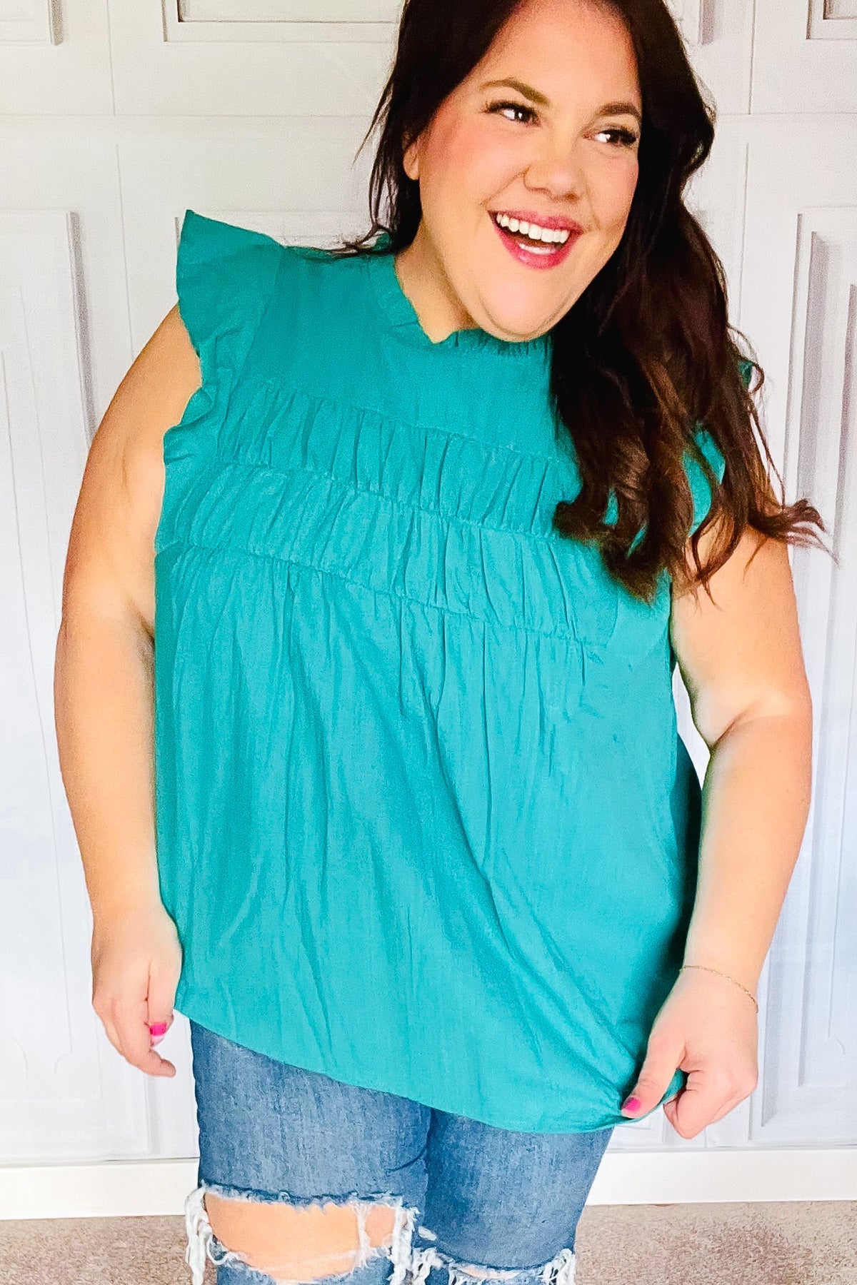 Love Life Cotton Turquoise Frill Mock Neck Flutter Sleeve Top - Charming Charlie
