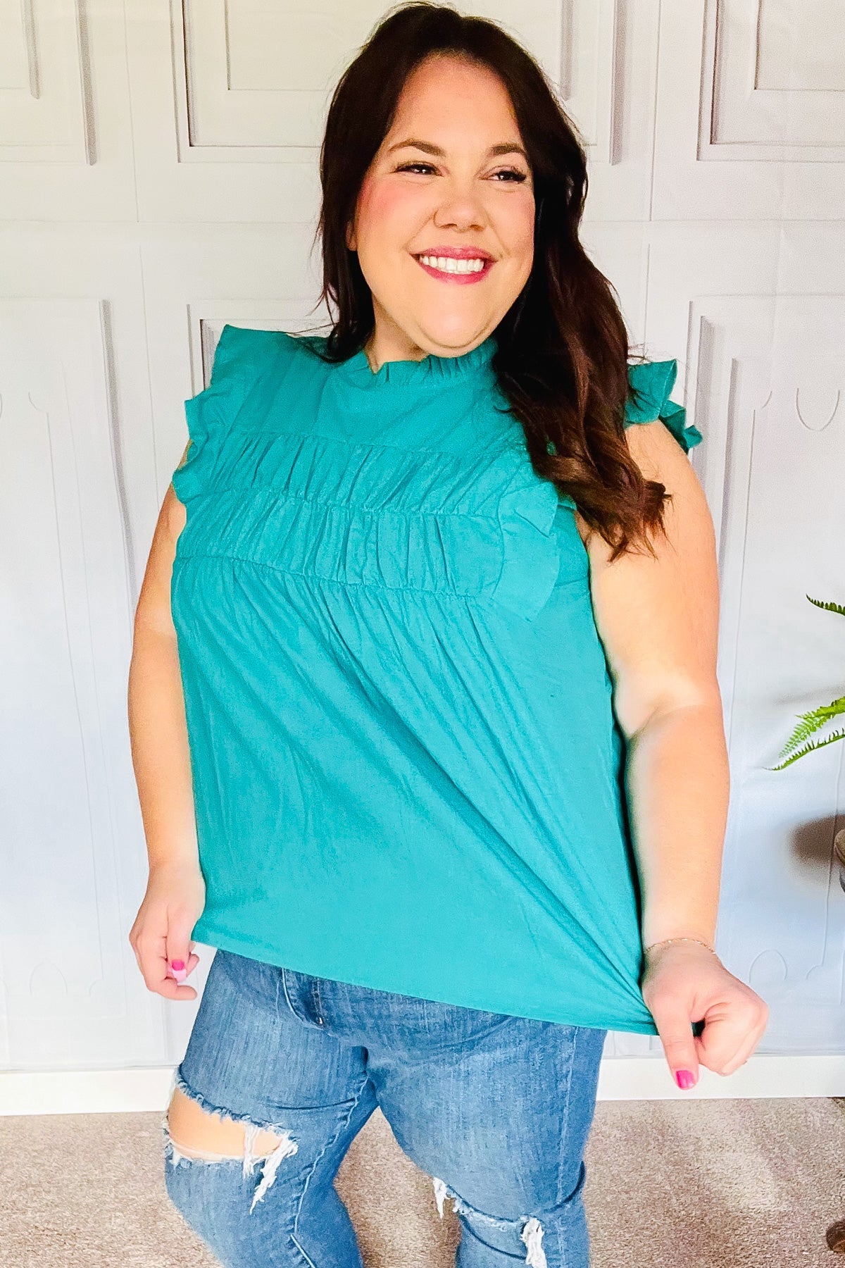 Love Life Cotton Turquoise Frill Mock Neck Flutter Sleeve Top - Charming Charlie