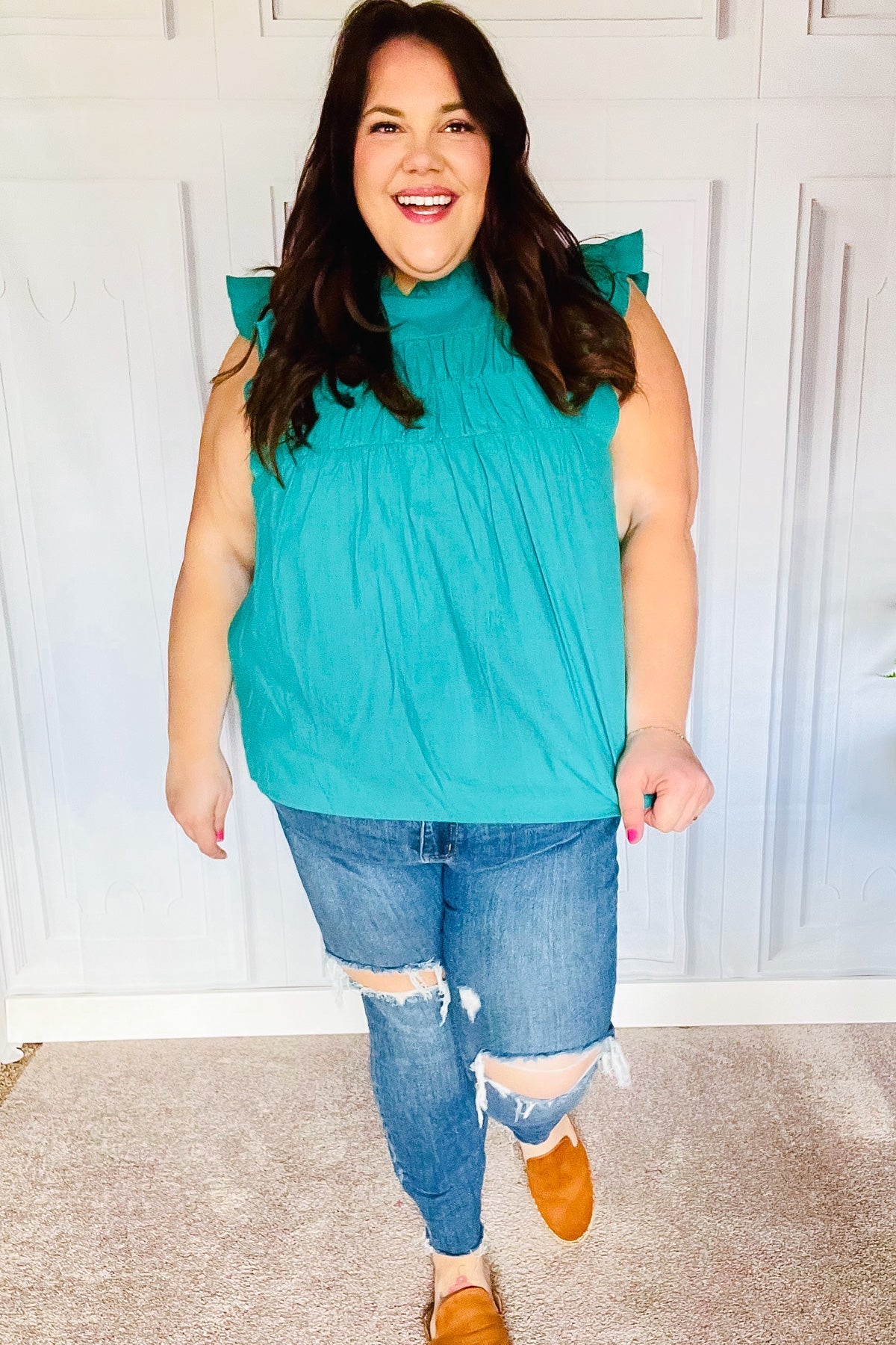 Love Life Cotton Turquoise Frill Mock Neck Flutter Sleeve Top - Charming Charlie