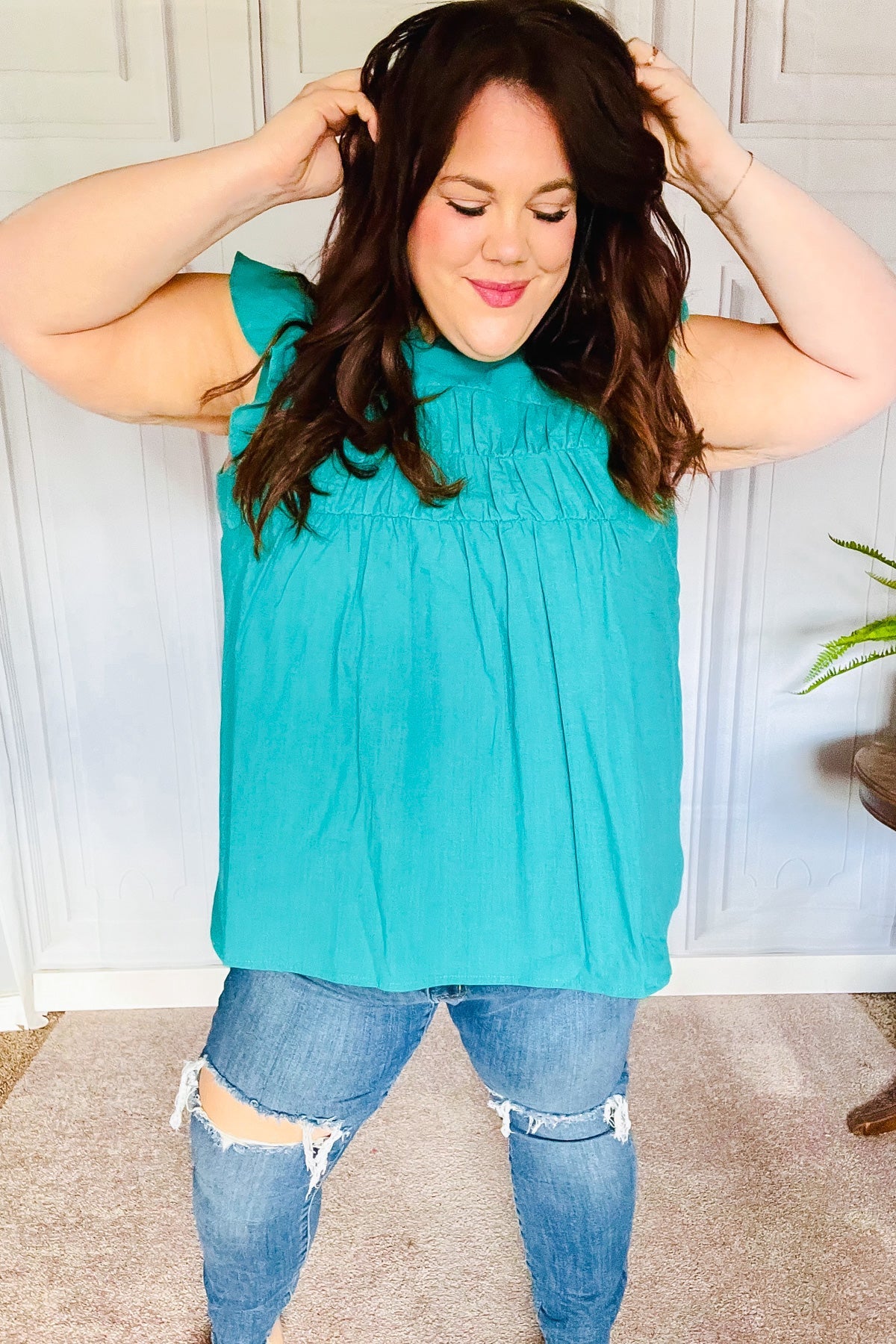 Love Life Cotton Turquoise Frill Mock Neck Flutter Sleeve Top - Charming Charlie