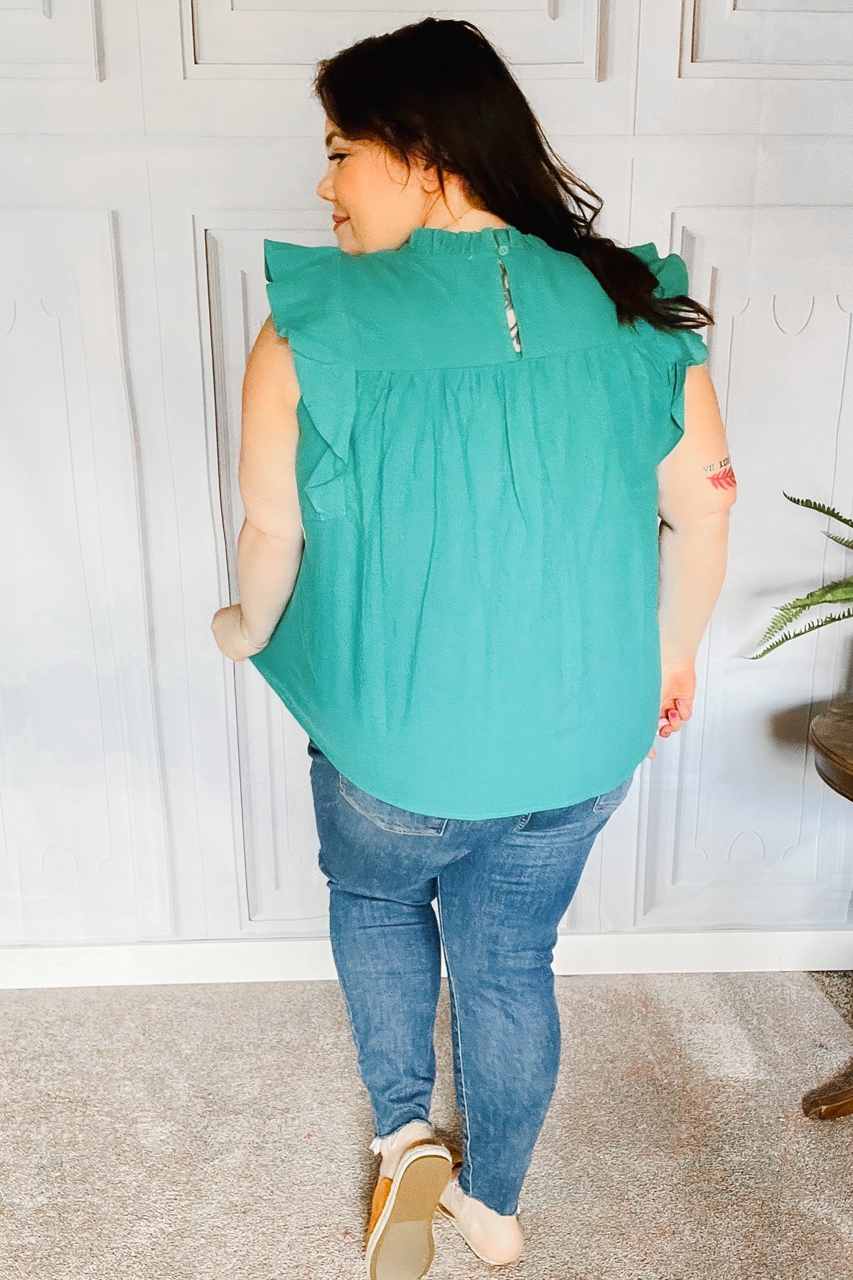 Love Life Cotton Turquoise Frill Mock Neck Flutter Sleeve Top - Charming Charlie