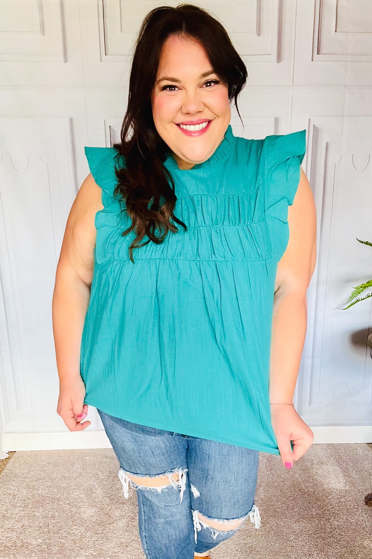 Love Life Cotton Turquoise Frill Mock Neck Flutter Sleeve Top - Charming Charlie