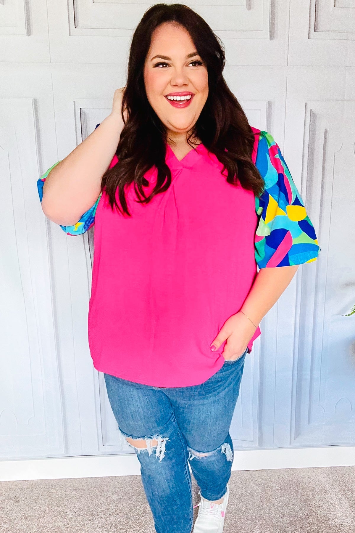 Tell Your Story Fuchsia Geo Print Puff Sleeve V Neck Top - Charming Charlie