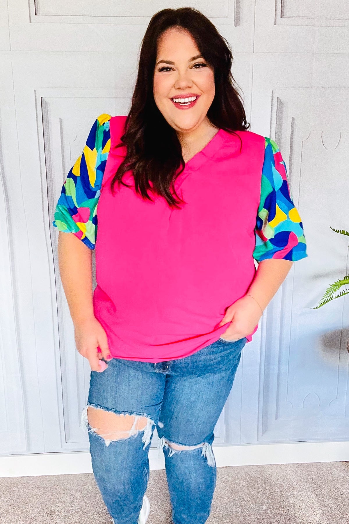 Tell Your Story Fuchsia Geo Print Puff Sleeve V Neck Top - Charming Charlie