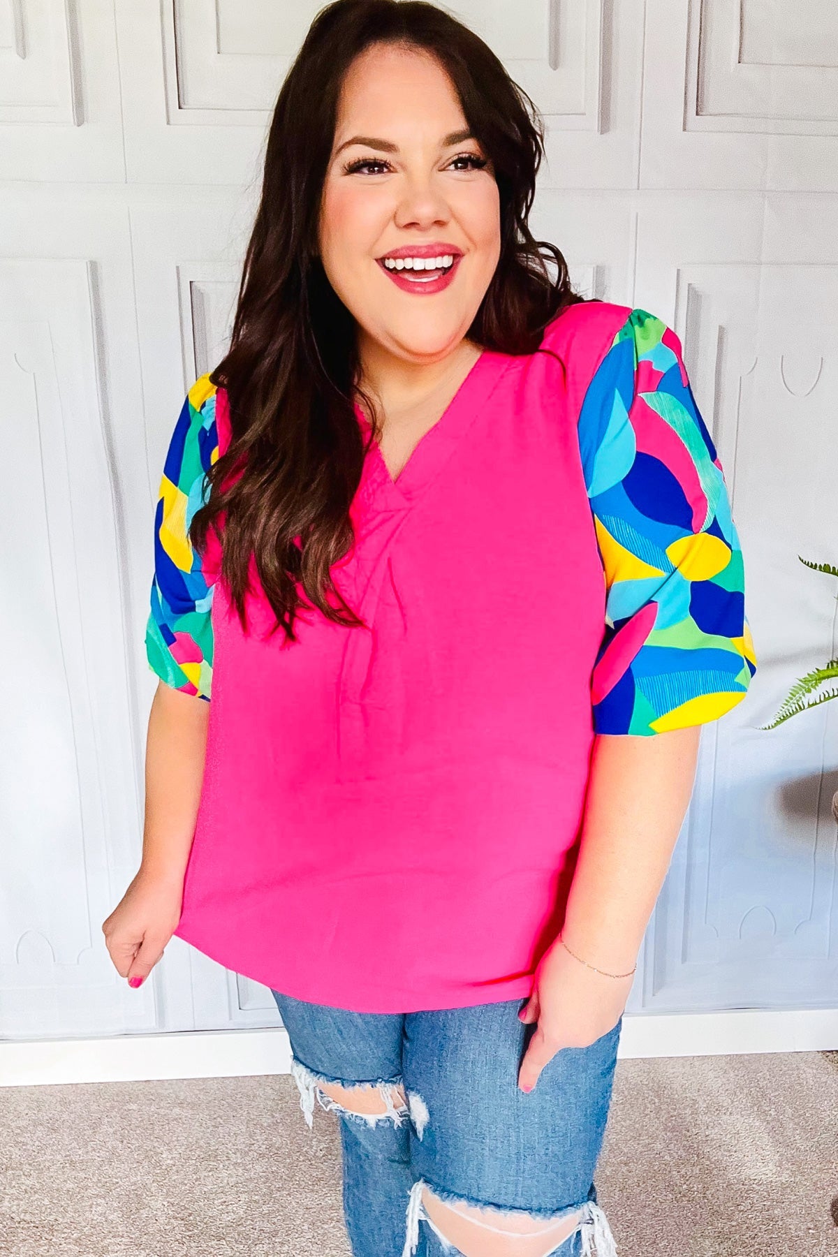 Tell Your Story Fuchsia Geo Print Puff Sleeve V Neck Top - Charming Charlie