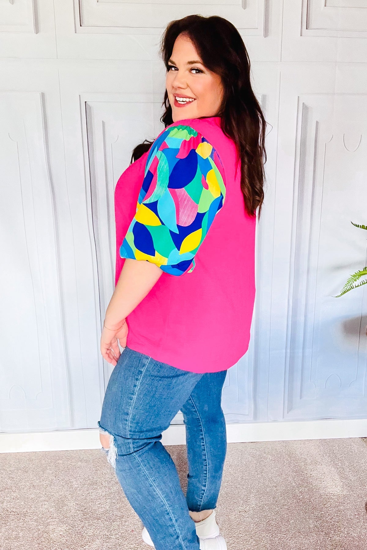 Tell Your Story Fuchsia Geo Print Puff Sleeve V Neck Top - Charming Charlie