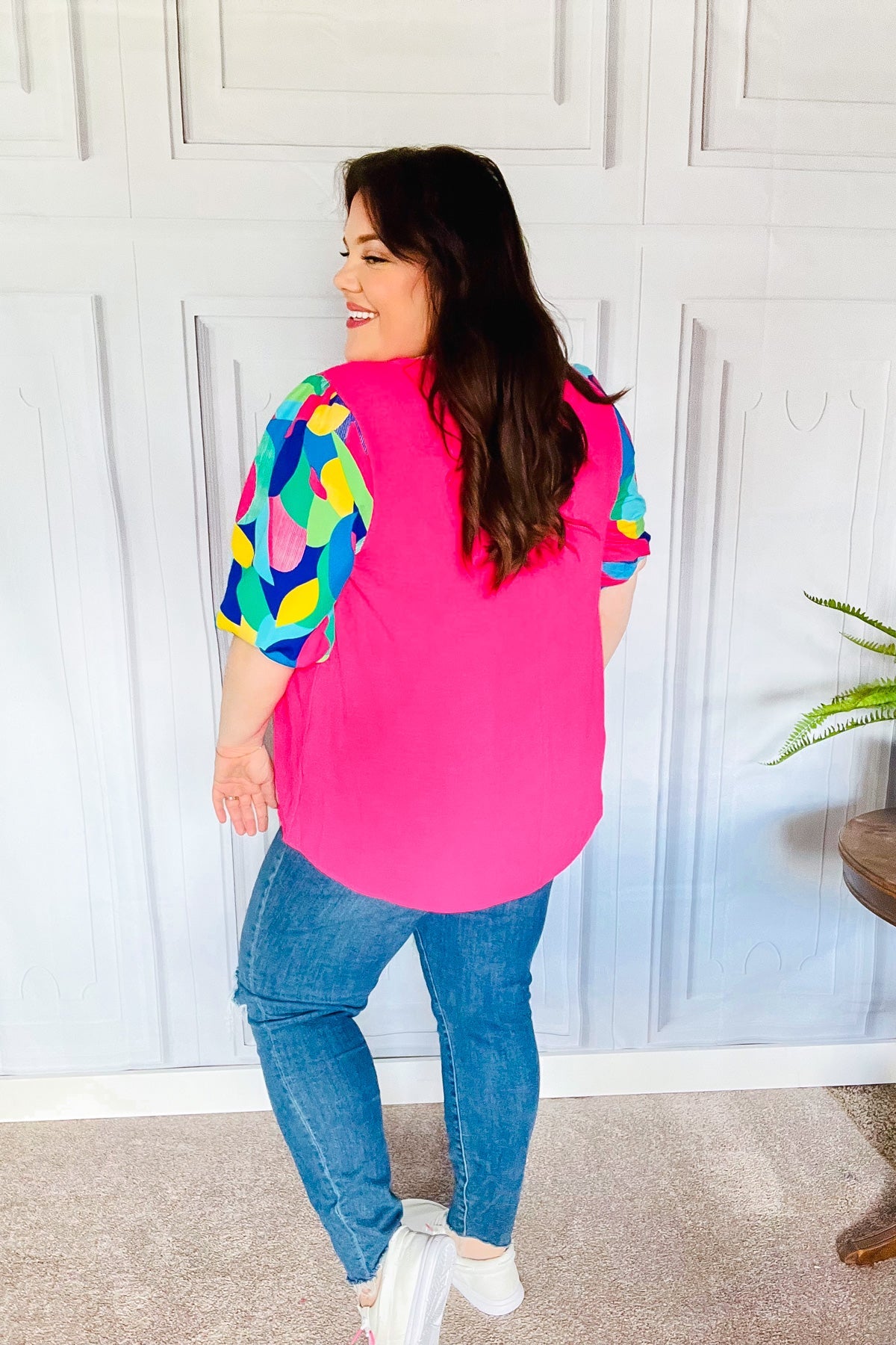 Tell Your Story Fuchsia Geo Print Puff Sleeve V Neck Top - Charming Charlie