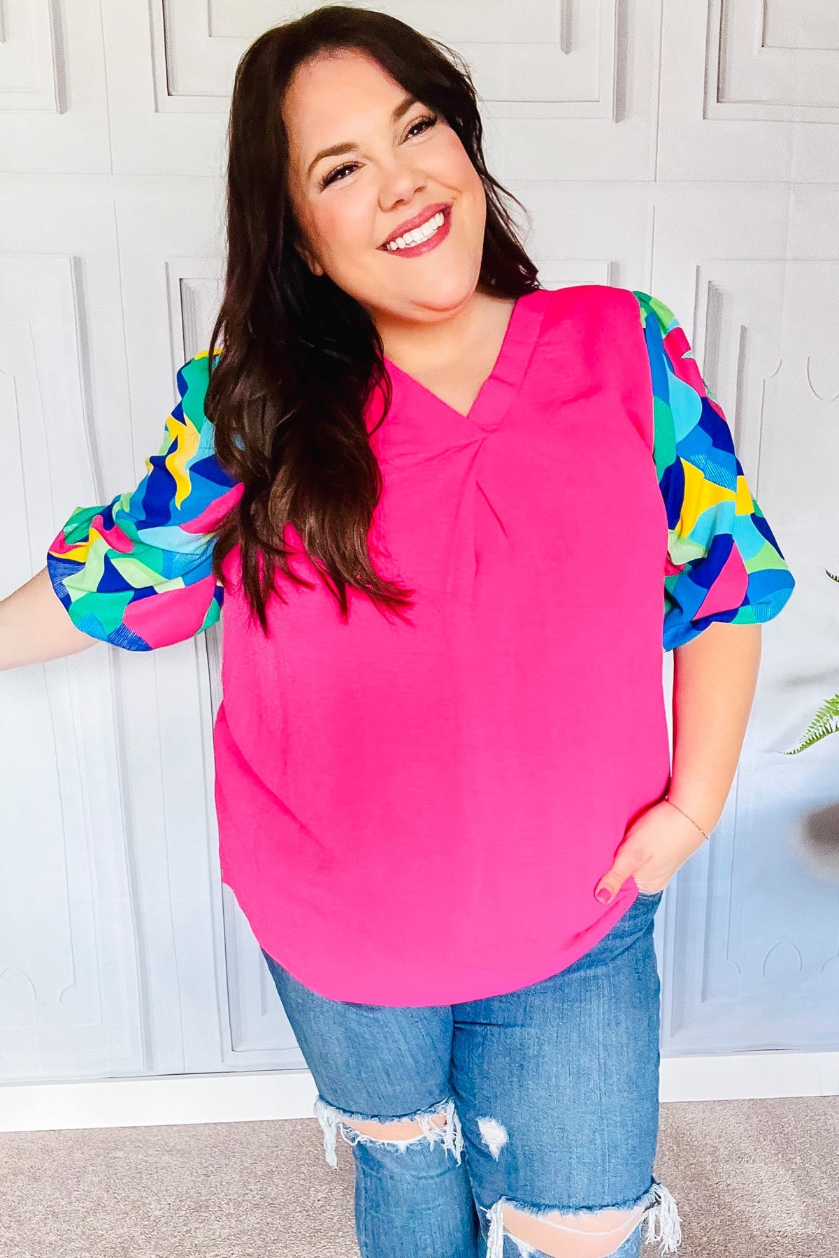 Tell Your Story Fuchsia Geo Print Puff Sleeve V Neck Top - Charming Charlie
