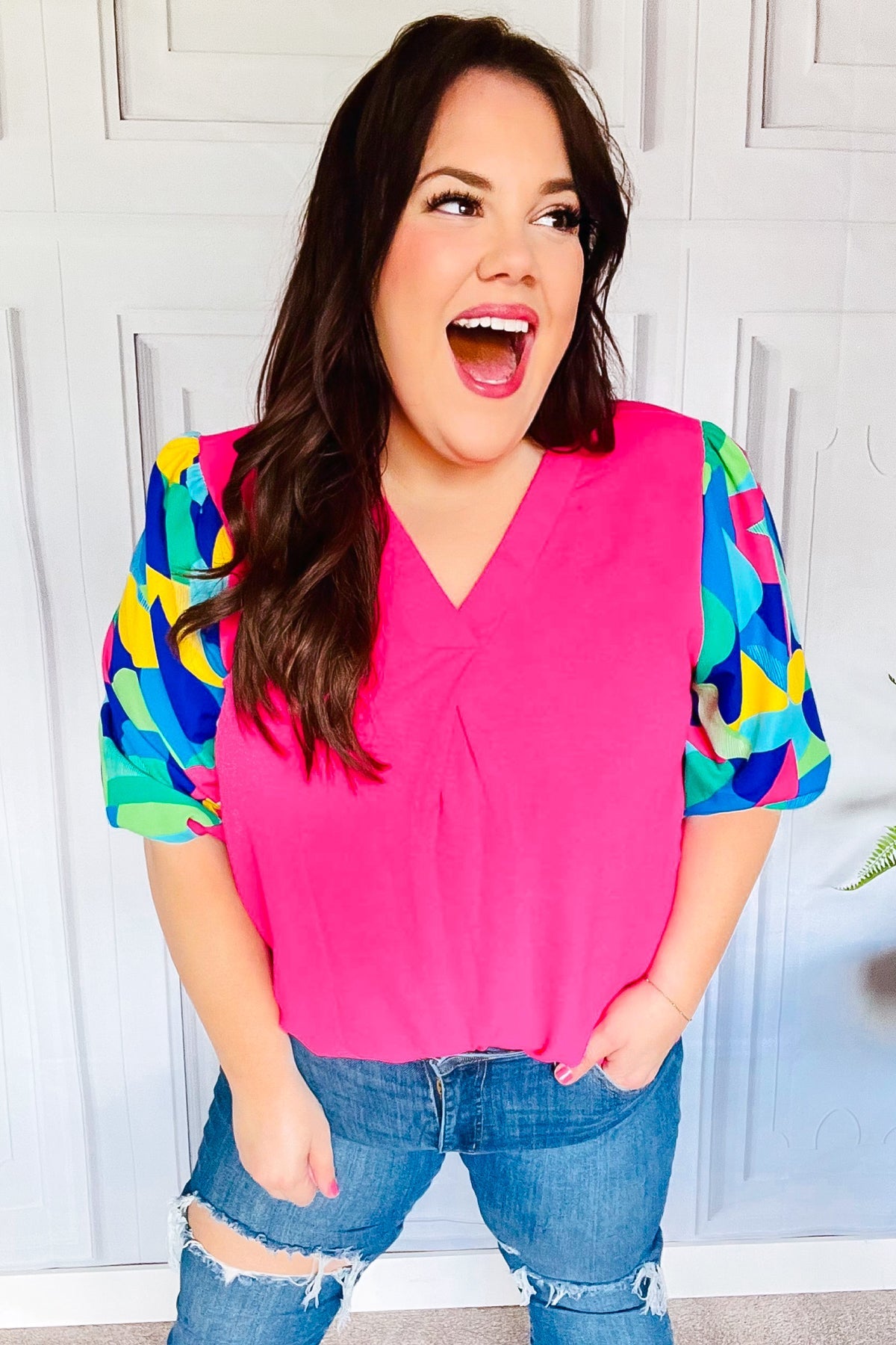 Tell Your Story Fuchsia Geo Print Puff Sleeve V Neck Top - Charming Charlie
