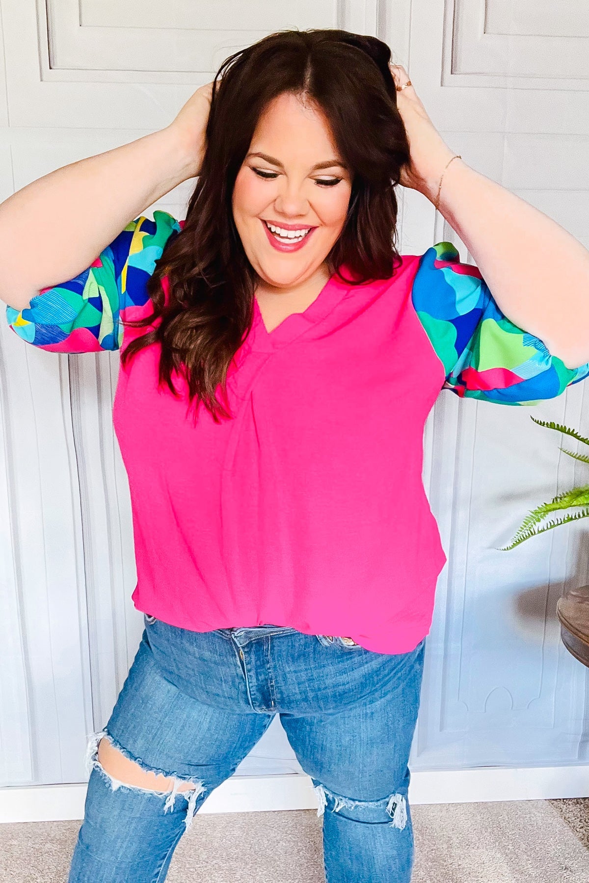 Tell Your Story Fuchsia Geo Print Puff Sleeve V Neck Top - Charming Charlie