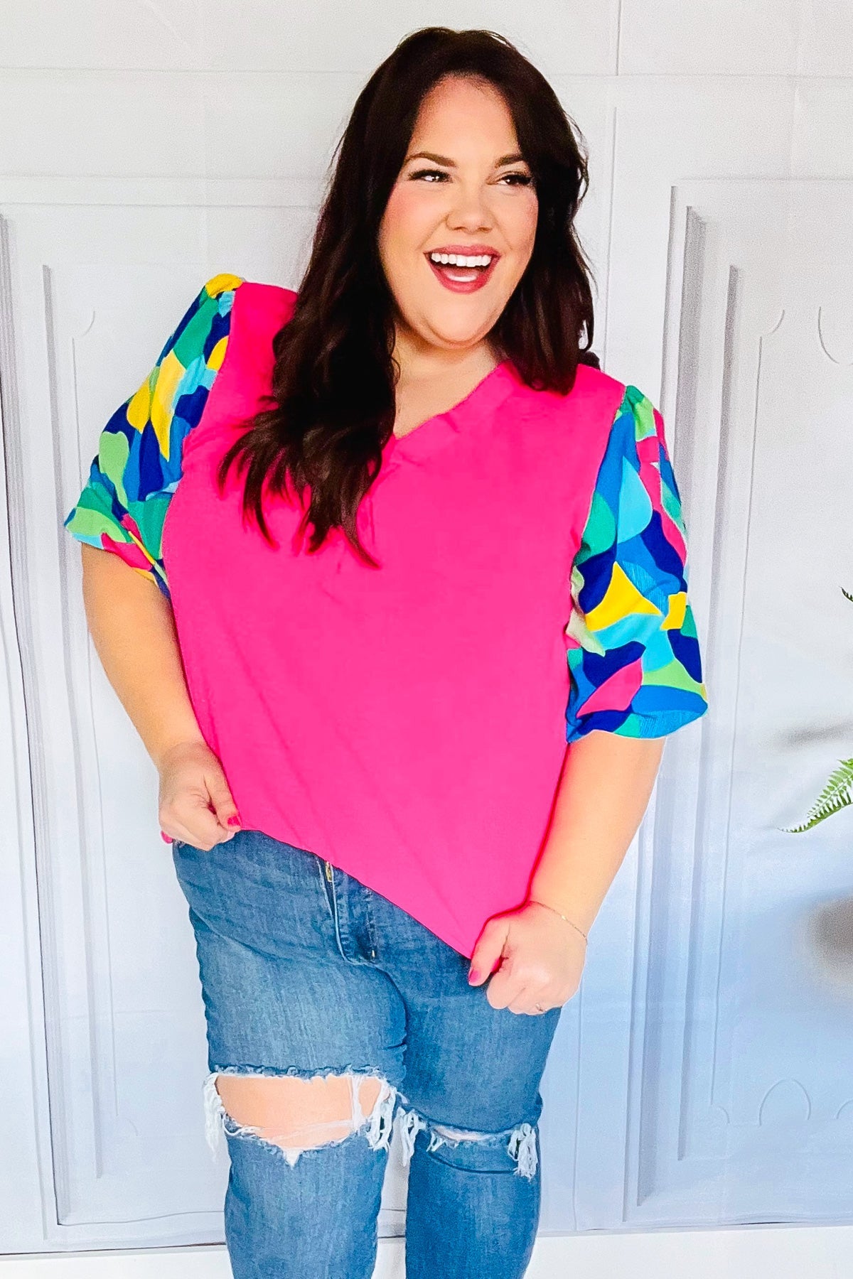 Tell Your Story Fuchsia Geo Print Puff Sleeve V Neck Top - Charming Charlie