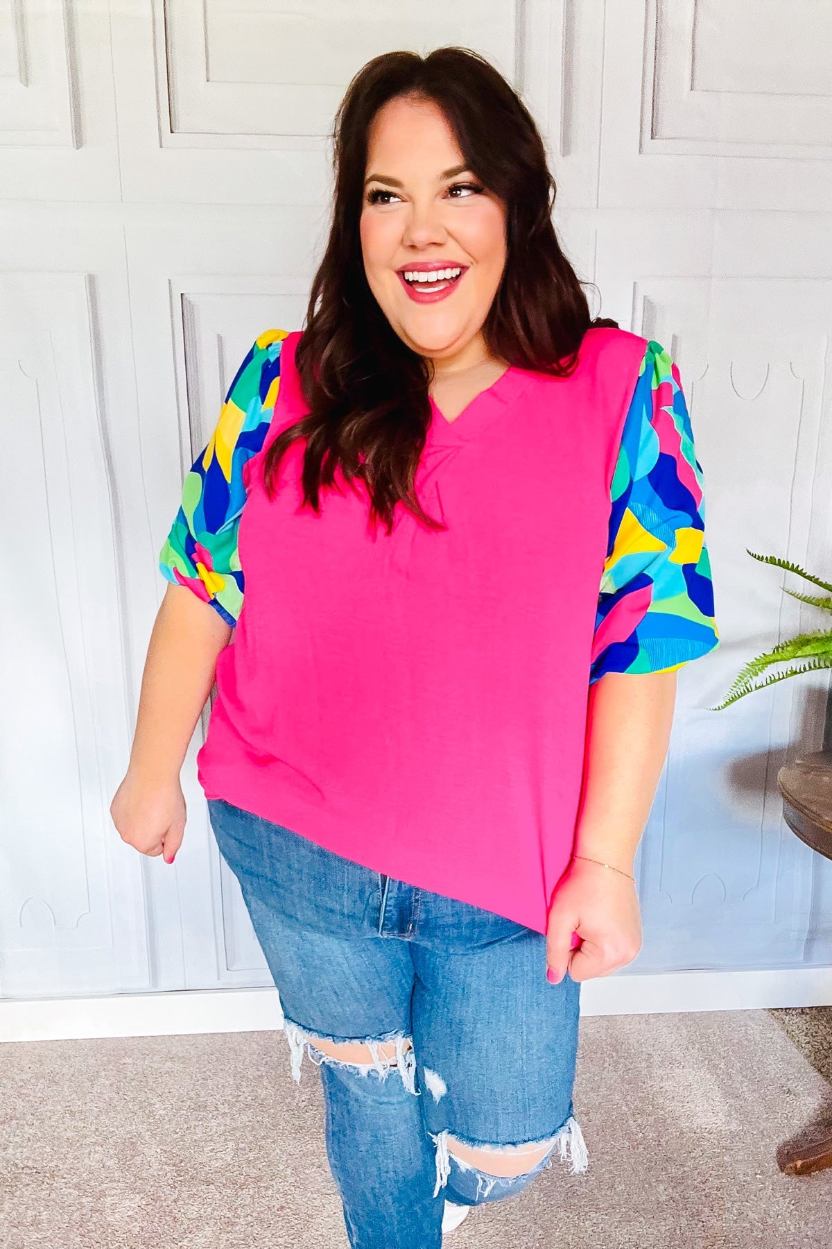 Tell Your Story Fuchsia Geo Print Puff Sleeve V Neck Top - Charming Charlie