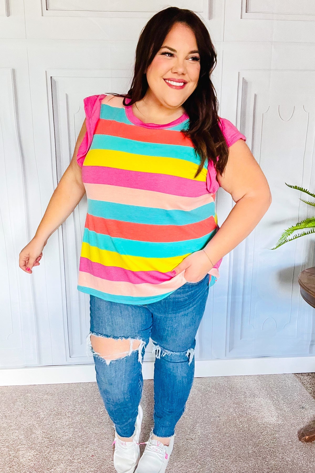 Relaxed Fun Mint & Fuchsia Stripe Flutter Sleeve Terry Knit Top - Charming Charlie