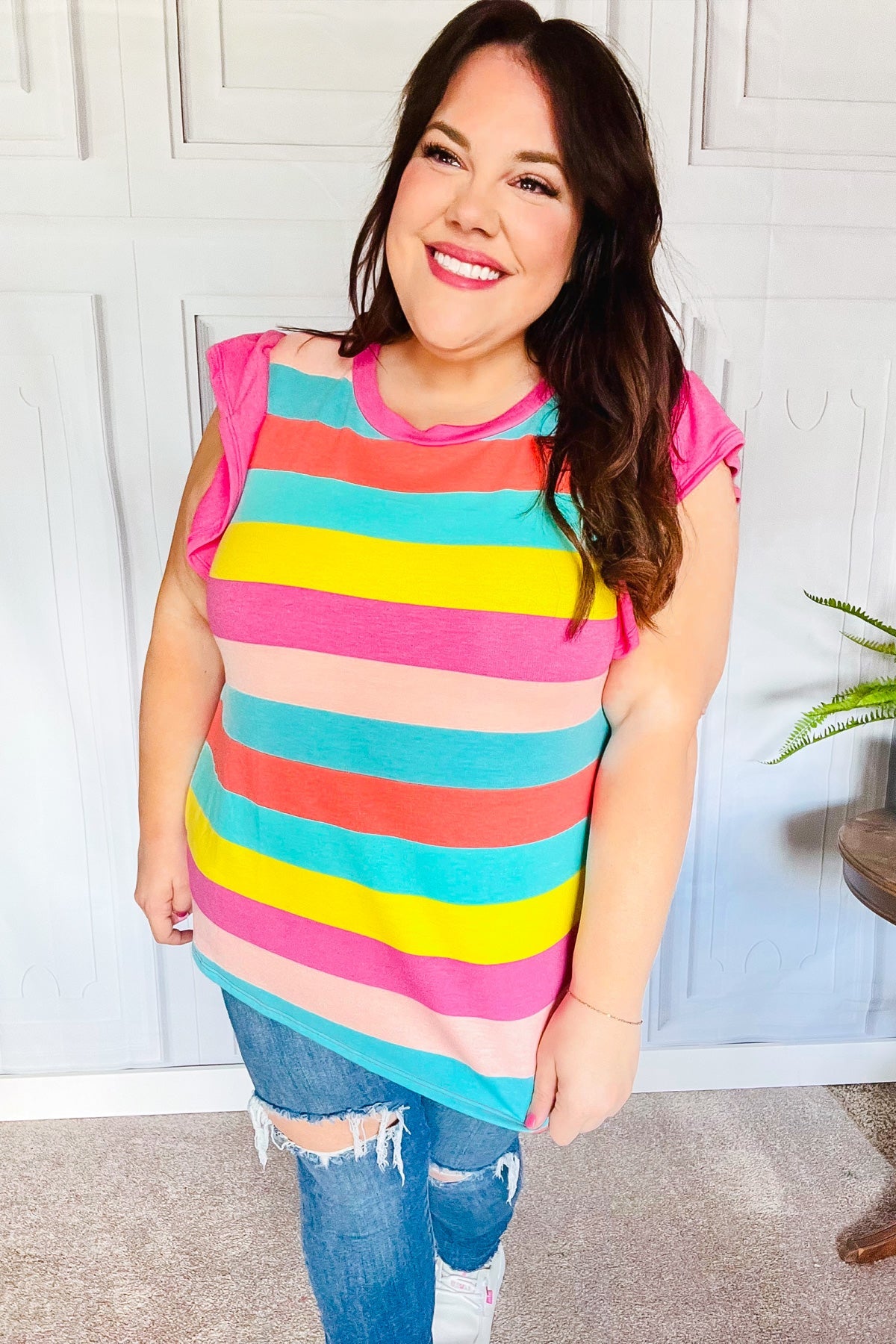 Relaxed Fun Mint & Fuchsia Stripe Flutter Sleeve Terry Knit Top - Charming Charlie