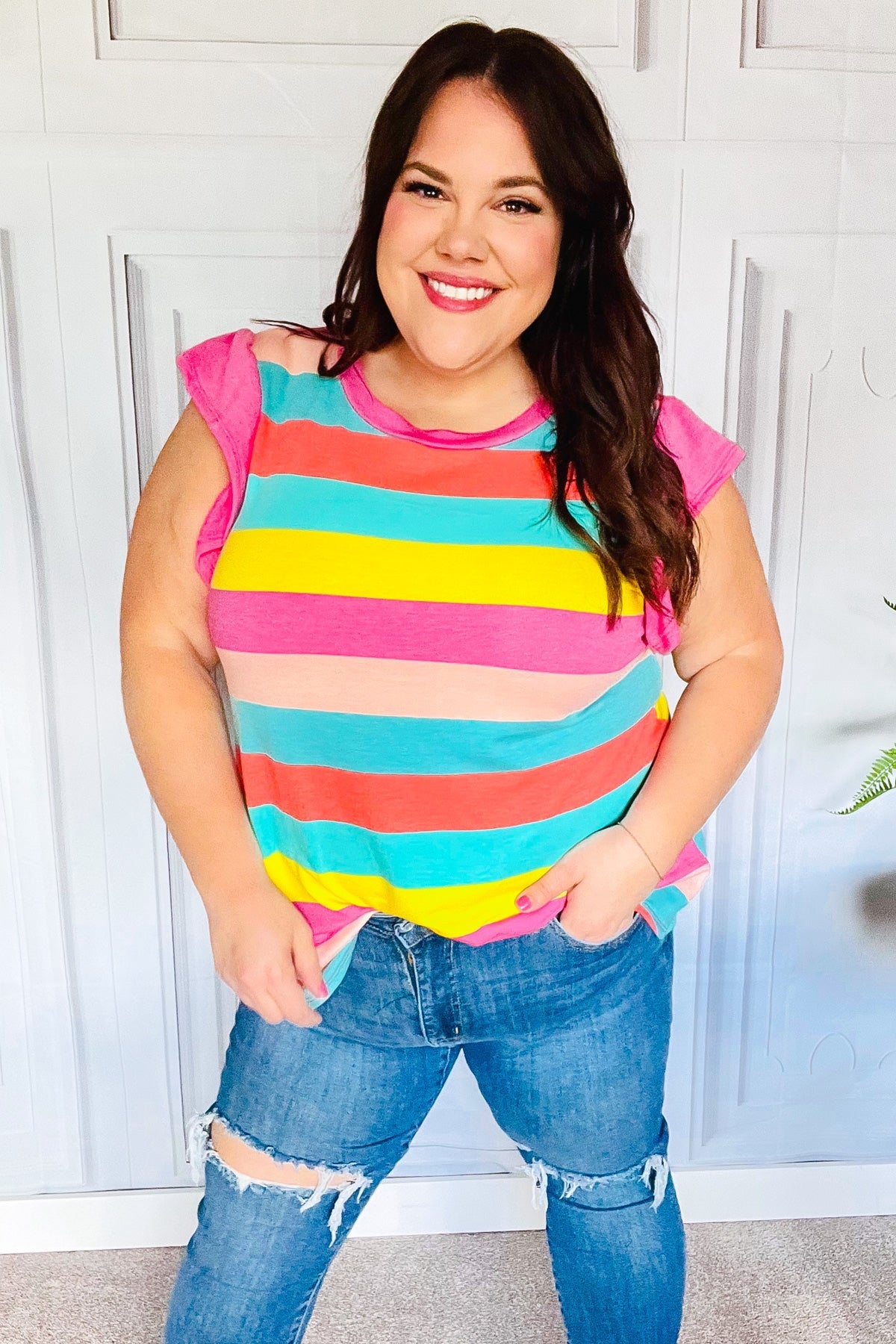 Relaxed Fun Mint & Fuchsia Stripe Flutter Sleeve Terry Knit Top - Charming Charlie