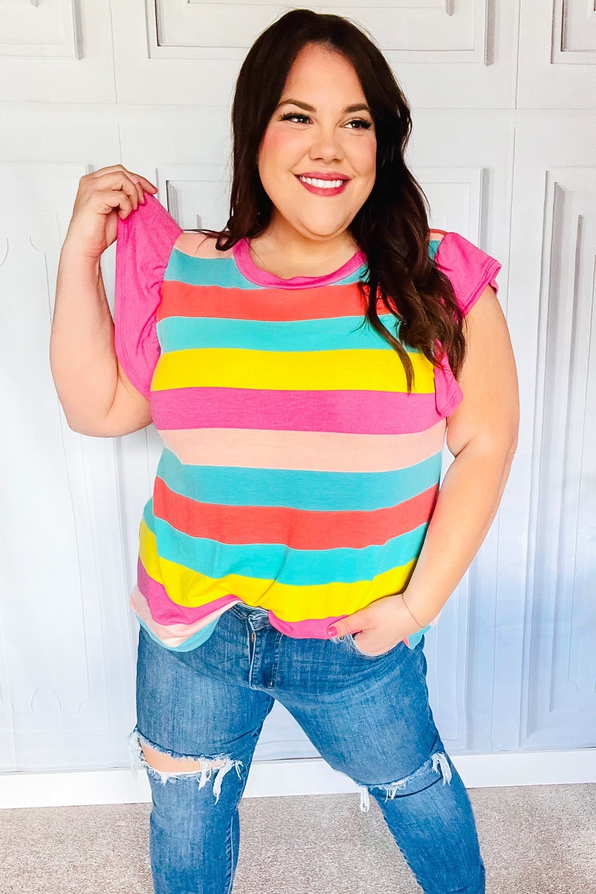 Relaxed Fun Mint & Fuchsia Stripe Flutter Sleeve Terry Knit Top - Charming Charlie