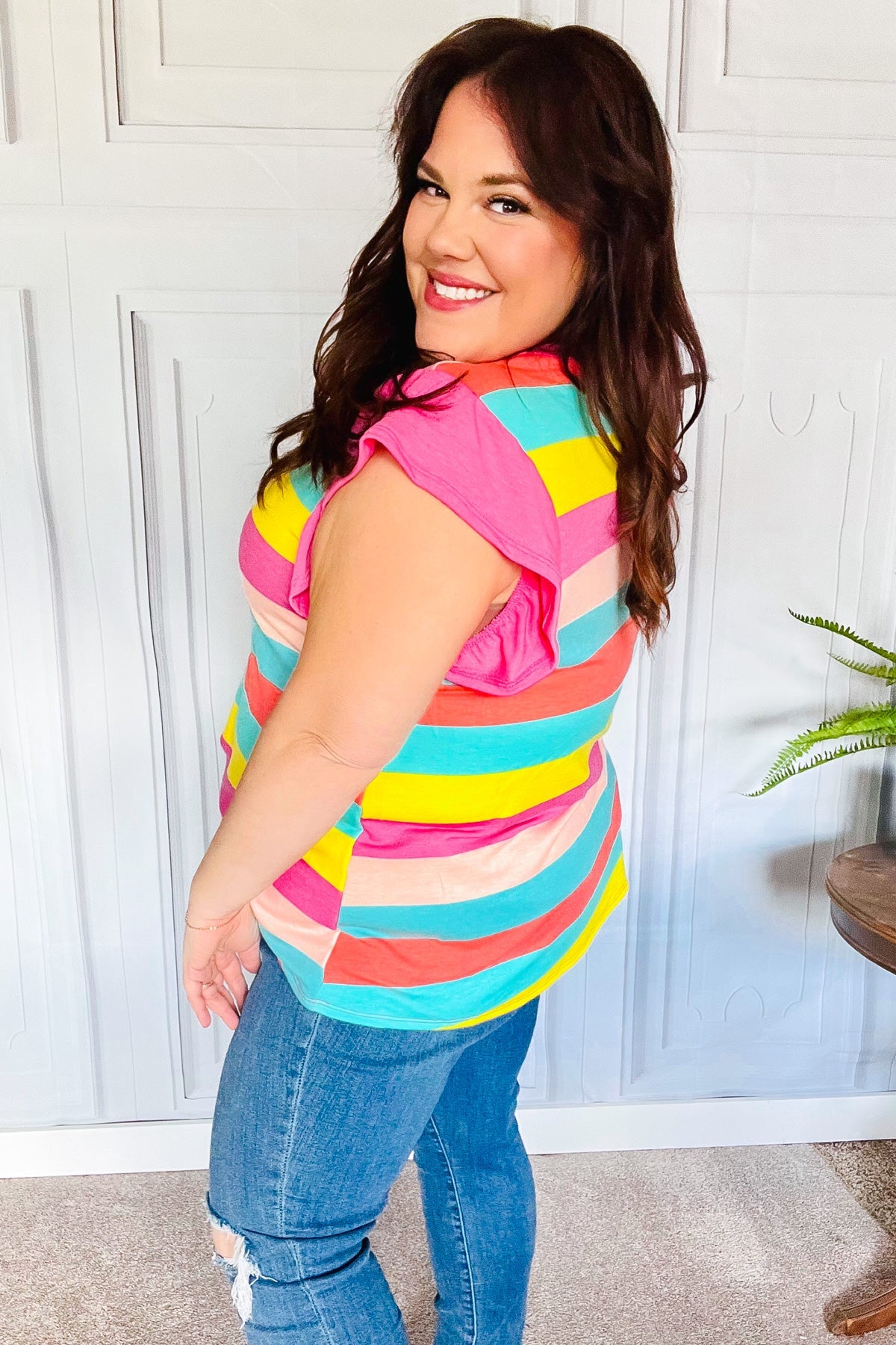 Relaxed Fun Mint & Fuchsia Stripe Flutter Sleeve Terry Knit Top - Charming Charlie