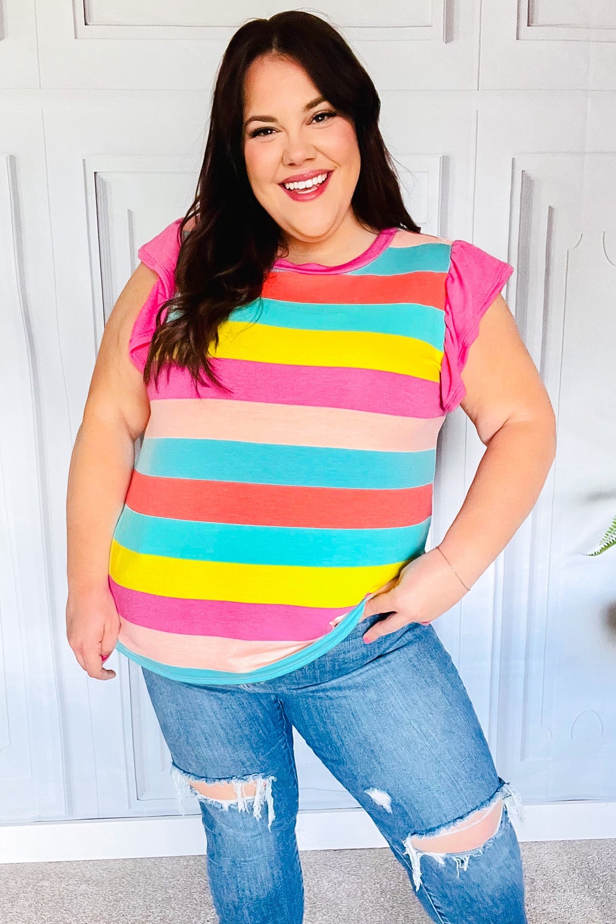 Relaxed Fun Mint & Fuchsia Stripe Flutter Sleeve Terry Knit Top - Charming Charlie