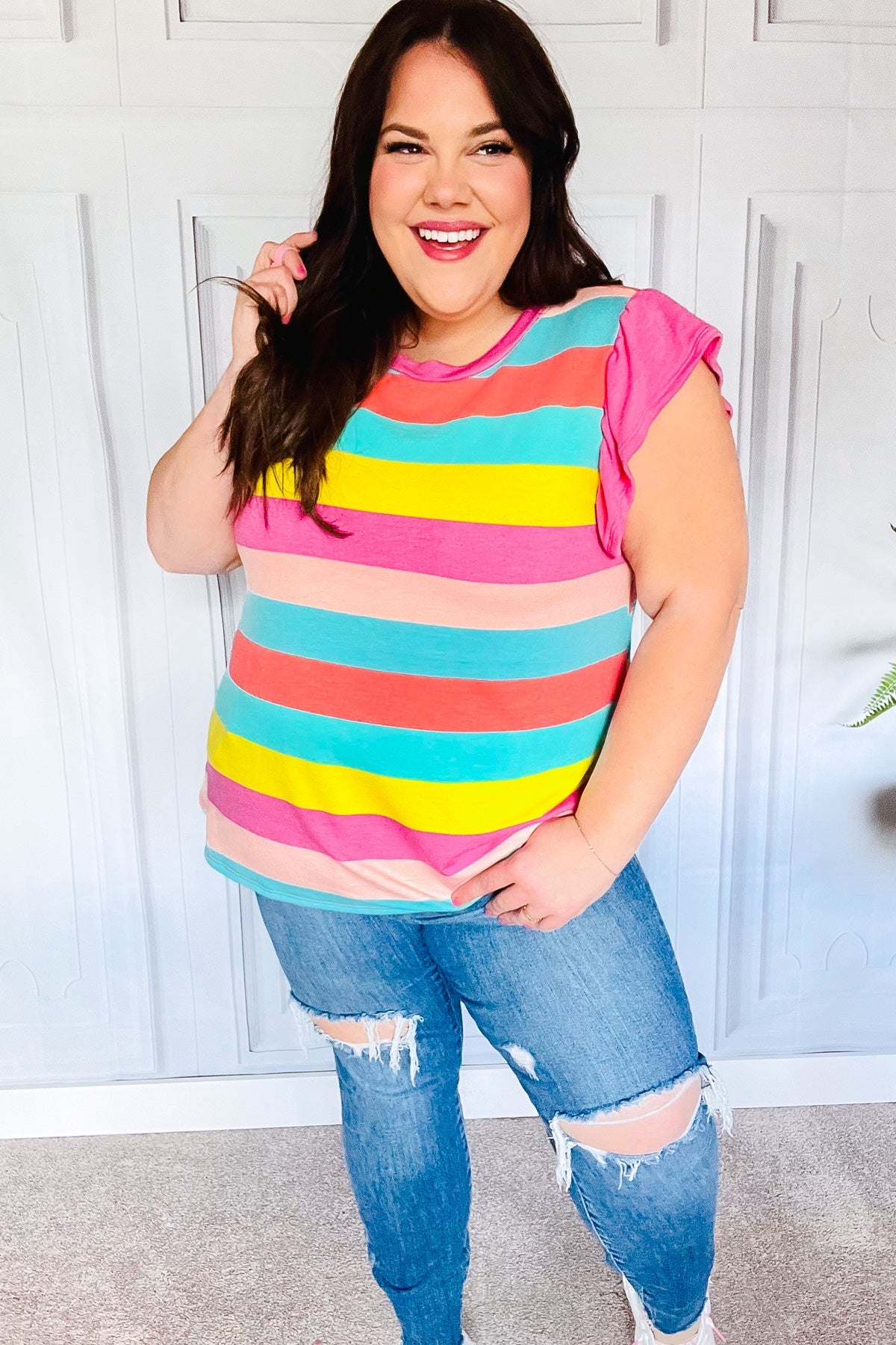 Relaxed Fun Mint & Fuchsia Stripe Flutter Sleeve Terry Knit Top - Charming Charlie