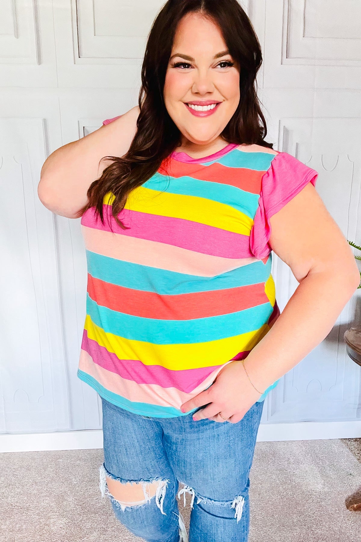 Relaxed Fun Mint & Fuchsia Stripe Flutter Sleeve Terry Knit Top - Charming Charlie