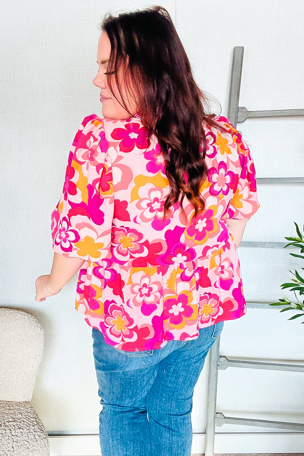 Find Love Pink/Yellow Floral Frill Balloon Short Sleeve Top - Charming Charlie