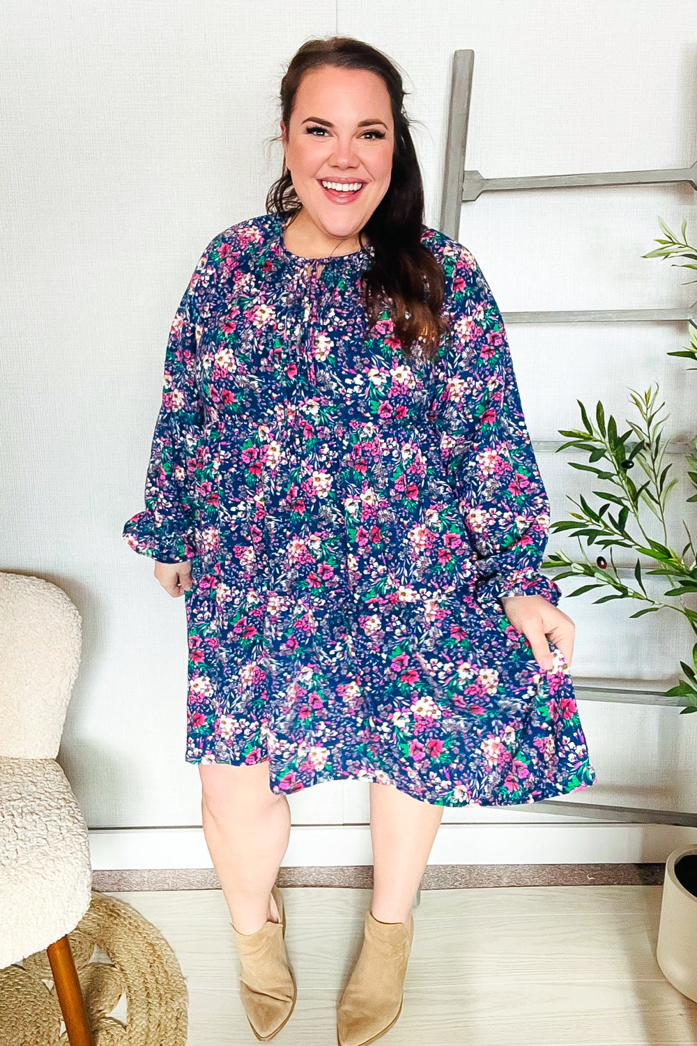 Feeling Joyful Navy Floral Bow Tie Babydoll Long Ruffle Sleeve Dress - Charming Charlie