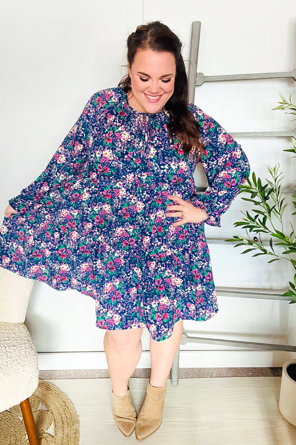 Feeling Joyful Navy Floral Bow Tie Babydoll Long Ruffle Sleeve Dress - Charming Charlie