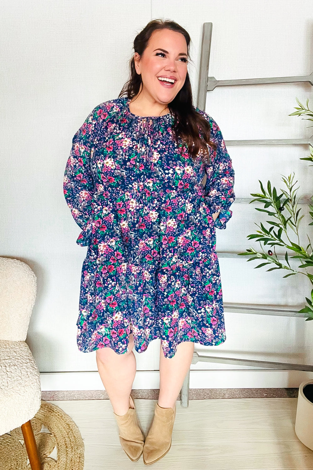 Feeling Joyful Navy Floral Bow Tie Babydoll Long Ruffle Sleeve Dress - Charming Charlie