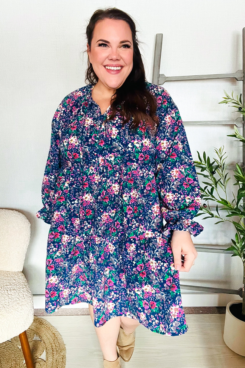 Feeling Joyful Navy Floral Bow Tie Babydoll Long Ruffle Sleeve Dress - Charming Charlie