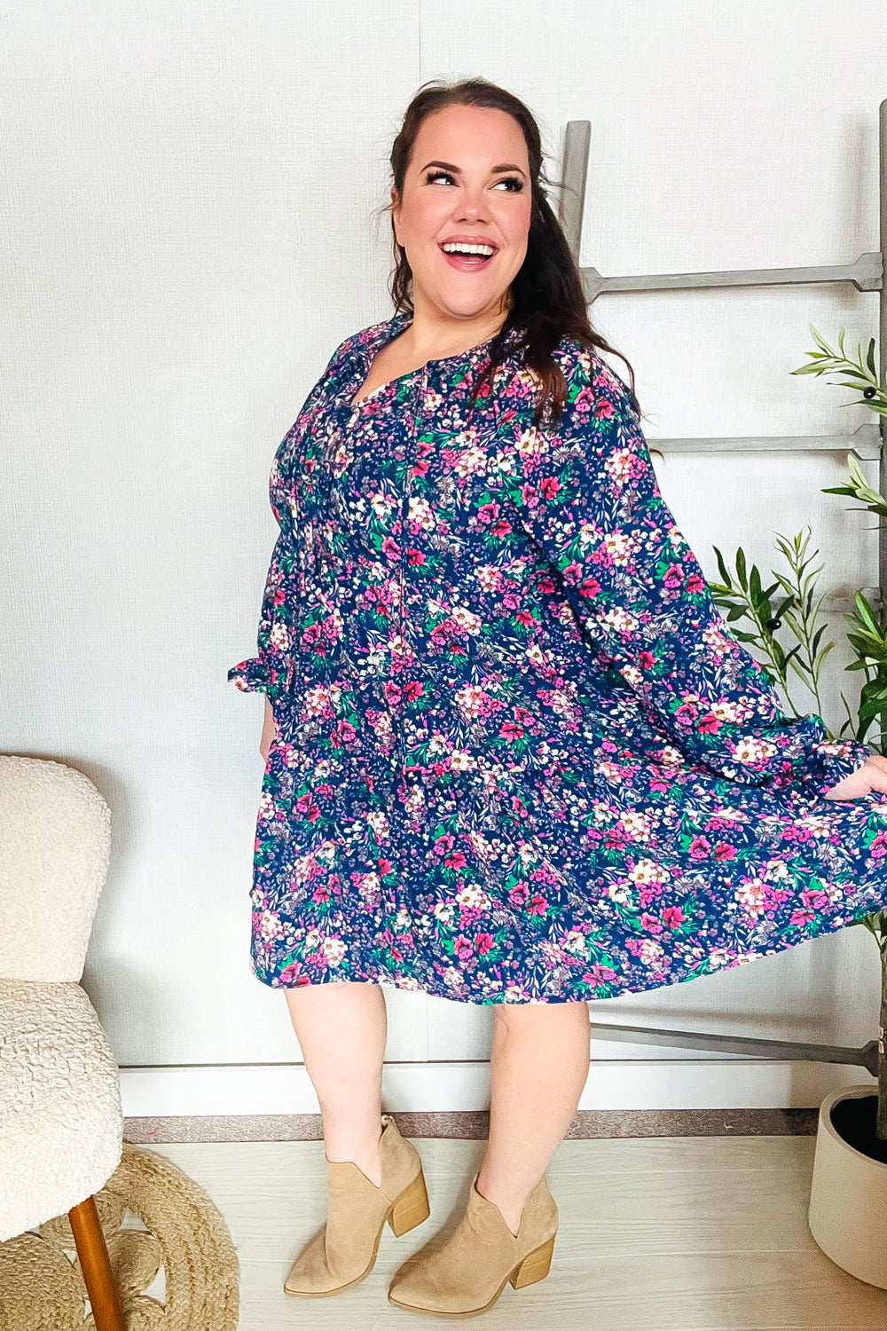 Feeling Joyful Navy Floral Bow Tie Babydoll Long Ruffle Sleeve Dress - Charming Charlie