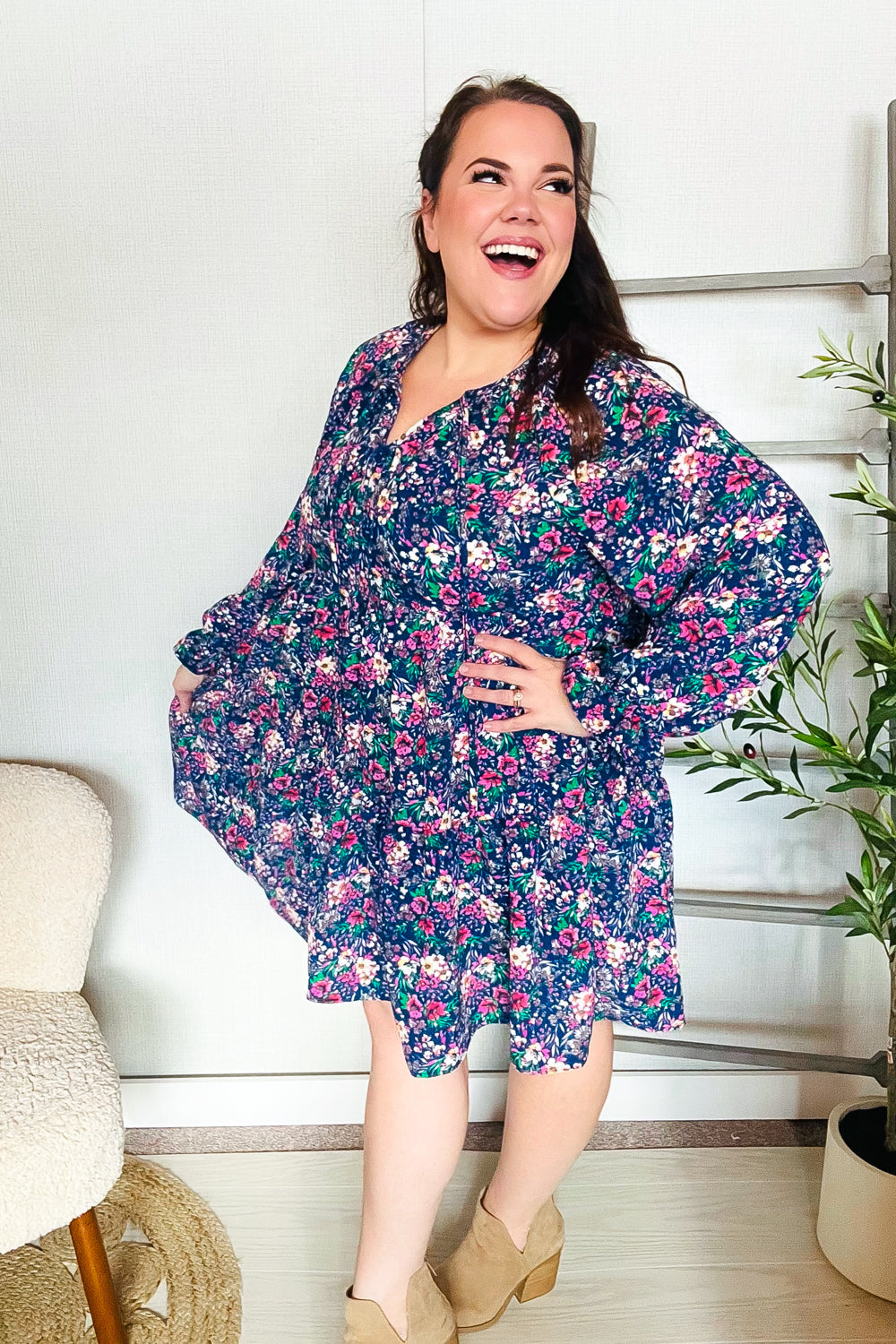 Feeling Joyful Navy Floral Bow Tie Babydoll Long Ruffle Sleeve Dress - Charming Charlie